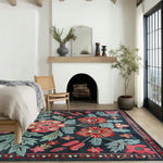 A cozy bedroom featuring the Enchanted Garden Hand Tufted Area Rug, perfect for adding a touch of elegance to your living room or bedroom. This wool rug in an 8x10 size showcases vibrant floral patterns, enhancing the warmth and style of the space.