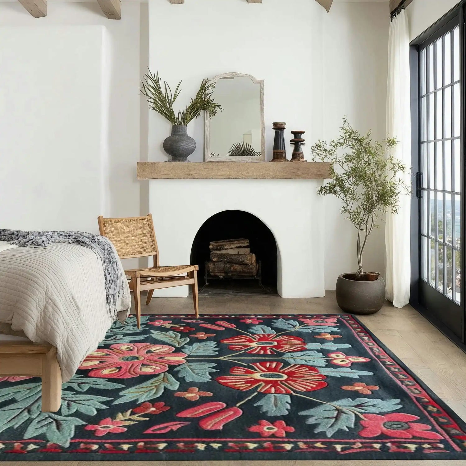A cozy bedroom featuring the Enchanted Garden Hand Tufted Area Rug, perfect for adding a touch of elegance to your living room or bedroom. This wool rug in an 8x10 size showcases vibrant floral patterns, enhancing the warmth and style of the space.