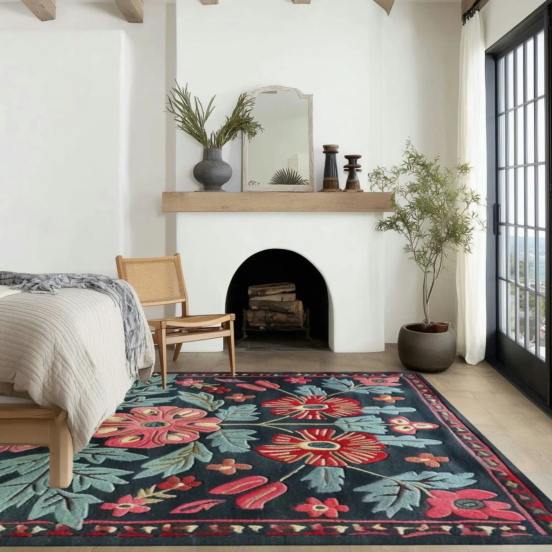 A cozy bedroom featuring the Enchanted Garden Hand Tufted Area Rug, perfect for adding a touch of elegance to your living room or bedroom. This wool rug in an 8x10 size showcases vibrant floral patterns, enhancing the warmth and style of the space.
