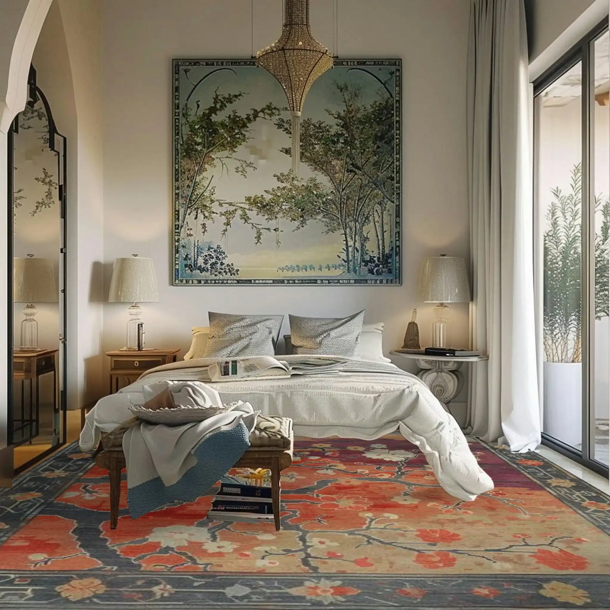 A beautifully decorated bedroom featuring the Eternal Blossom Tree Hand Knotted Area Rug. This square area rug, with its intricate vintage and Persian-inspired design, adds a touch of elegance and warmth to the bedroom. Perfect for those seeking wool rugs for bedrooms, the rug's vibrant floral patterns and plush texture create a cozy and inviting atmosphere.