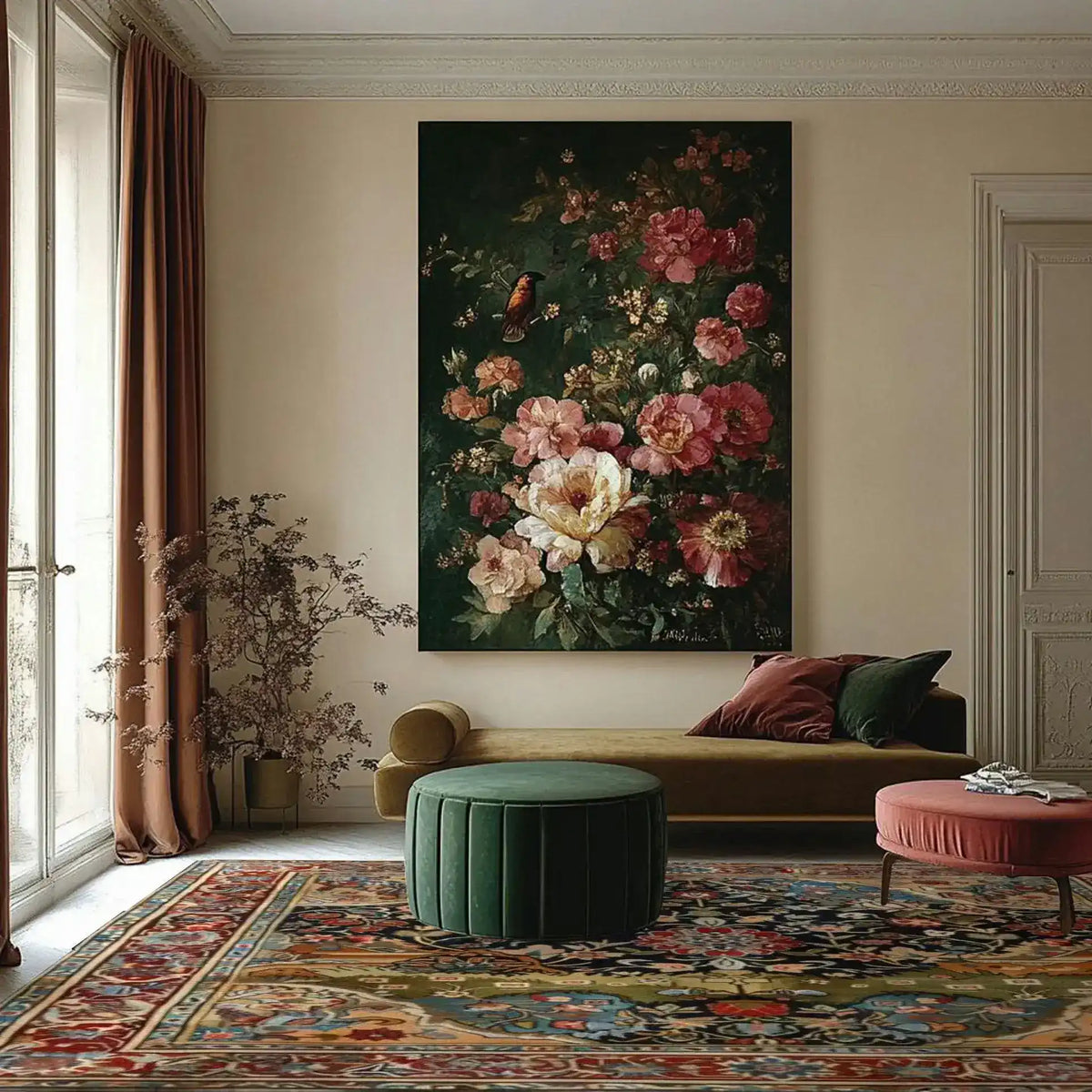 Elegant living room featuring a large vintage Persian wool area rug with intricate patterns in rich colors. The square rug complements the classic decor, including a velvet sofa, a floral wall art piece, and an ottoman, creating a sophisticated atmosphere. Perfect for adding a touch of luxury to any living room or office space.