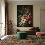 Elegant living room featuring a large vintage Persian wool area rug with intricate patterns in rich colors. The square rug complements the classic decor, including a velvet sofa, a floral wall art piece, and an ottoman, creating a sophisticated atmosphere. Perfect for adding a touch of luxury to any living room or office space.