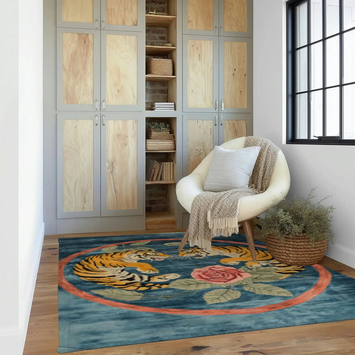 A stylish living room showcasing an area rug with a vintage design, featuring vibrant tigers and floral patterns. This wool rug adds elegance to the space, perfect for those seeking area rugs for living room decor.