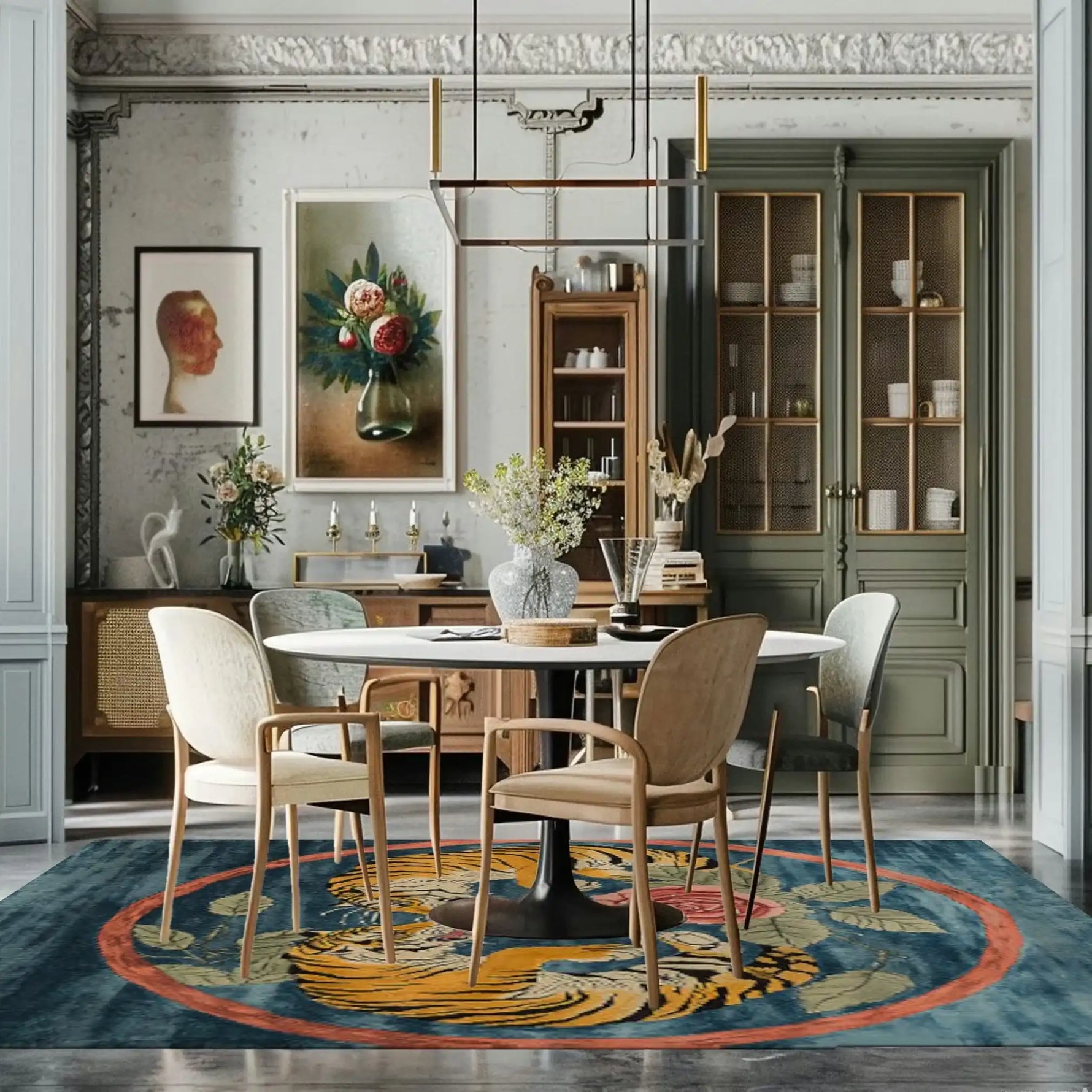 A beautifully styled living room featuring an 'Eternal Duel Hand Tufted Rug' as the centerpiece. This stunning area rug showcases a vintage floral design with vibrant colors, perfect for adding a touch of elegance to any living room. Crafted from wool, this floral rug is both luxurious and durable, ideal for those seeking high-quality area rugs for living room spaces.