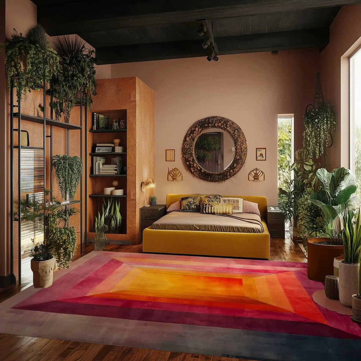 A vibrant hand-tufted area rug titled 'Eternal Glow Centerpiece' adorns a stylish living room. The rug features a stunning gradient of warm colors, adding a cozy touch to the space. Surrounded by lush green plants, a modern yellow sofa, and a large circular mirror, this wool rug enhances the room's contemporary aesthetic. Perfect for living rooms or offices seeking a pop of color.