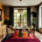 Stylish living room featuring the Eternal Glow Centerpiece Hand Tufted Area Rug. This vibrant wool rug showcases a stunning blend of colors, adding warmth and elegance to the space. Perfect for living room area rugs or office settings, the rug complements the modern decor and luxurious dining setup.