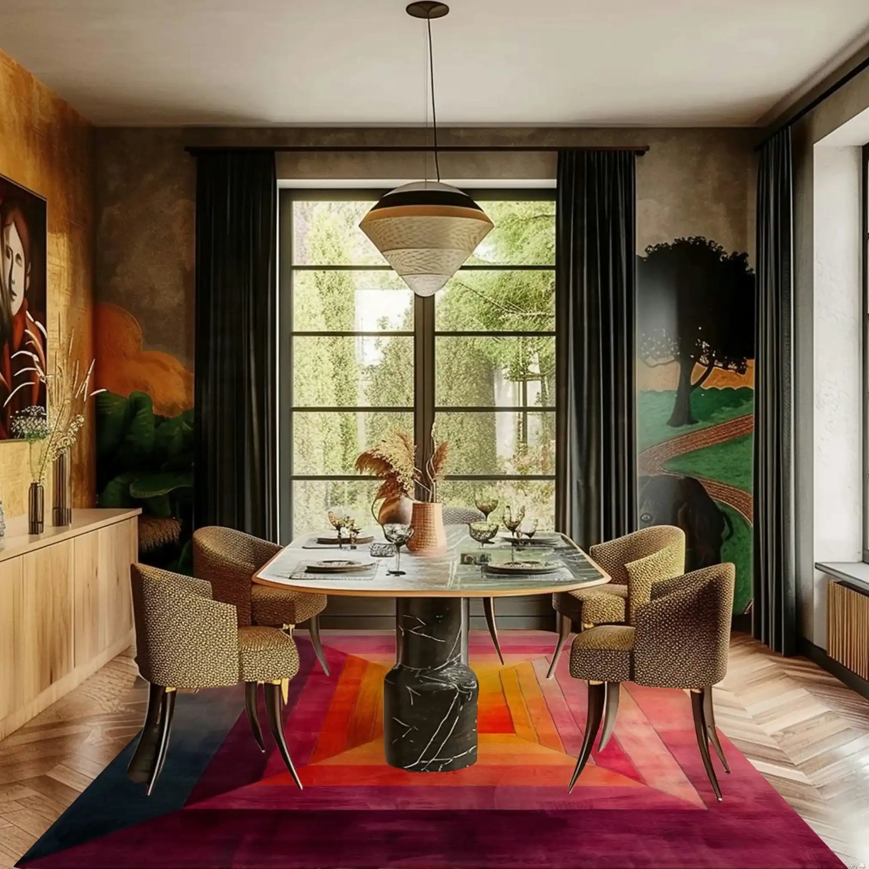 Stylish living room featuring the Eternal Glow Centerpiece Hand Tufted Area Rug. This vibrant wool rug showcases a stunning blend of colors, adding warmth and elegance to the space. Perfect for living room area rugs or office settings, the rug complements the modern decor and luxurious dining setup.