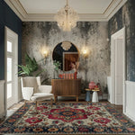 A beautifully styled living room featuring the Eternal Weave Hand-Tufted Area Rug, showcasing its intricate Persian rug design. The vibrant colors and detailed patterns make it a perfect centerpiece for living room area rugs, ideally sized at 8x10. This wool rug complements the elegant decor, including a stylish armchair, a chic sideboard, and a round mirror, creating a sophisticated ambiance perfect for both dining and living room settings.