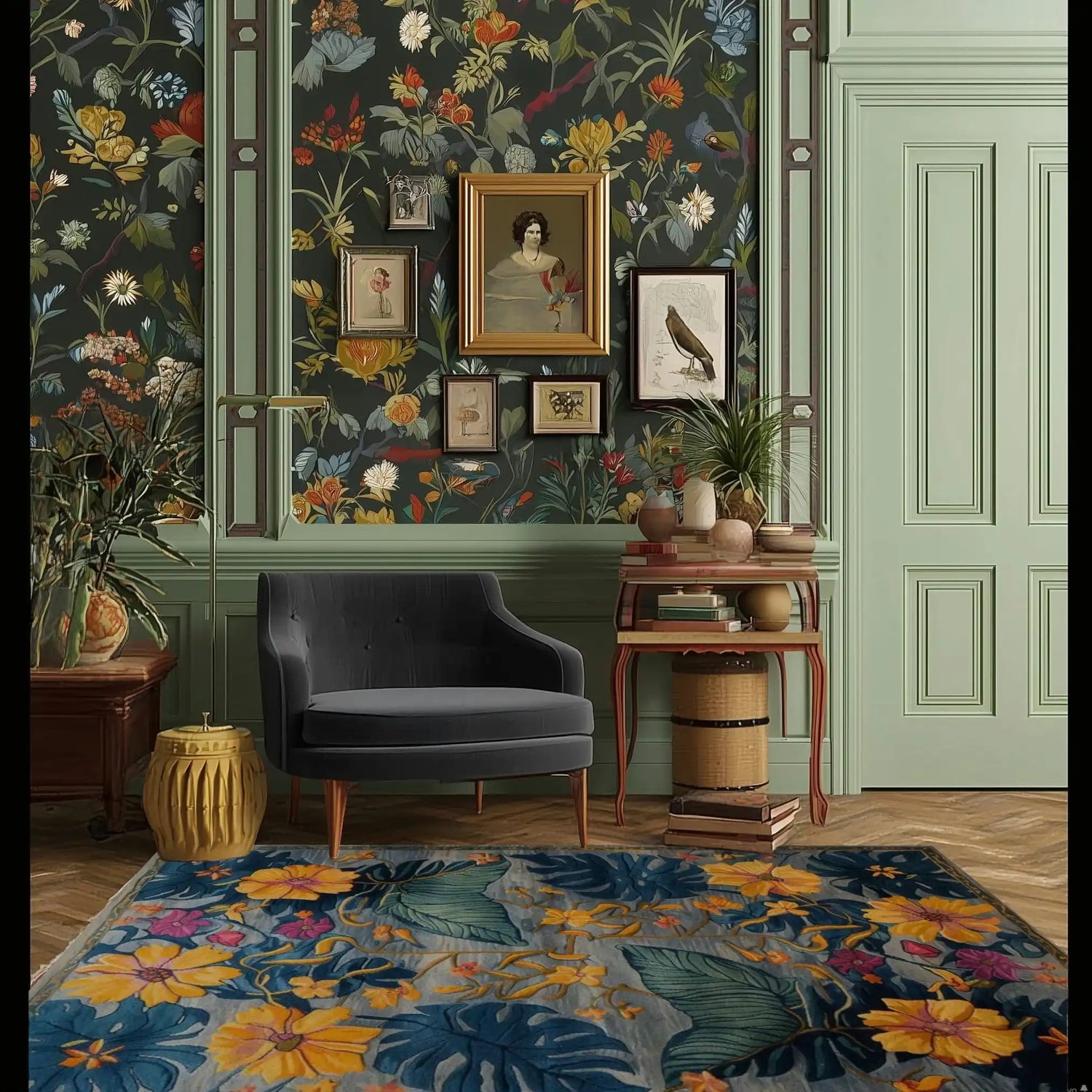 A vibrant living room featuring a hand-tufted wool rug with an Ethereal Garden Lullaby design. The large area rug showcases a floral pattern with vivid colors, adding a touch of elegance to the space. The rug enhances the hardwood floor and complements the stylish decor, including a plush gray chair and floral wallpaper, perfect for large living room settings.