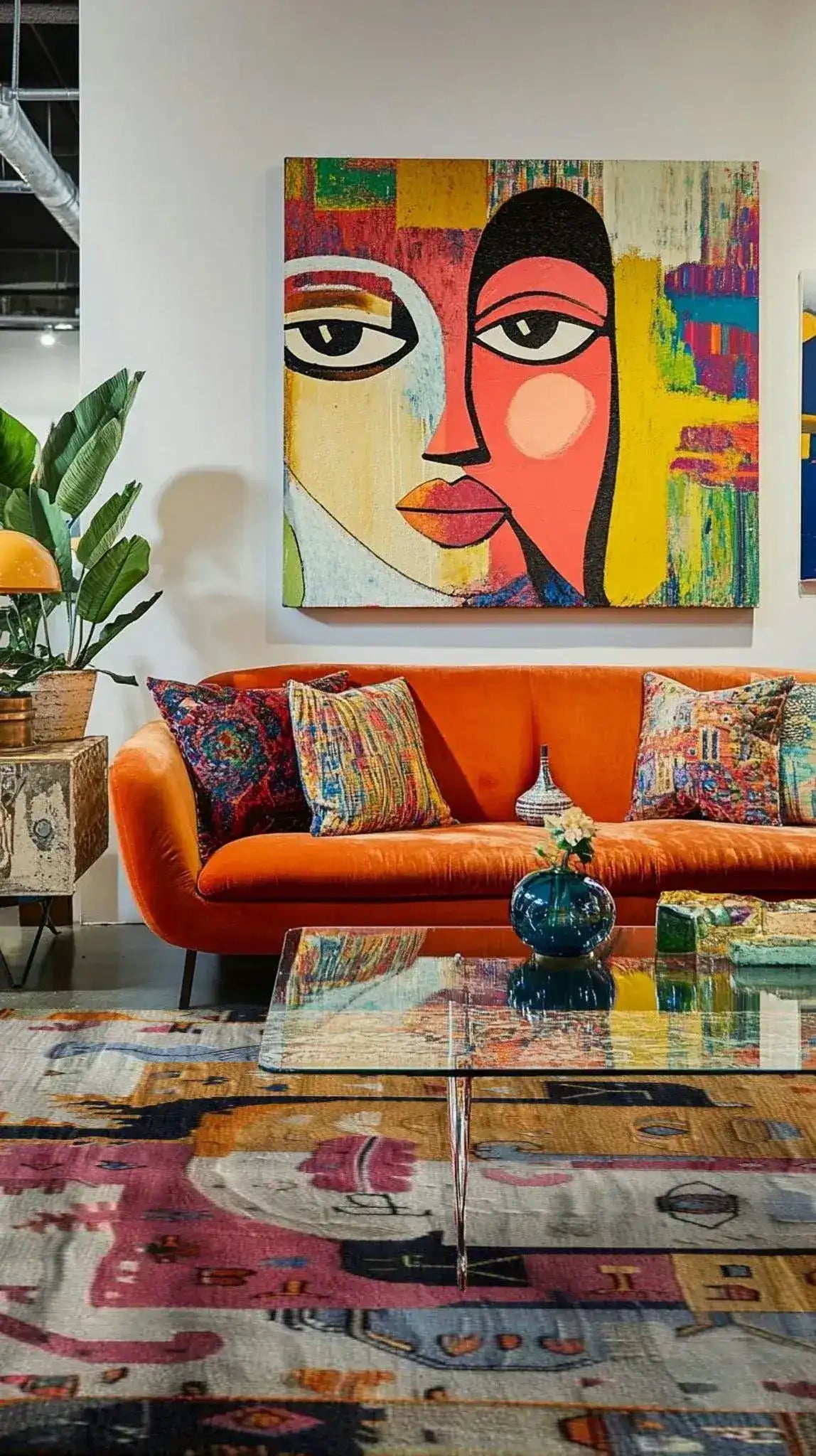 A vibrant living room showcasing the Ethereal Mask Tapestry Hand Knotted Area Rug. The rug features an abstract design with rich colors, enhancing the contemporary decor. Perfect for adding a touch of elegance to both office and bedroom spaces, this vintage wool rug complements the orange sofa and colorful artwork beautifully.