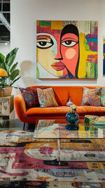 A vibrant living room showcasing the Ethereal Mask Tapestry Hand Knotted Area Rug. The rug features an abstract design with rich colors, enhancing the contemporary decor. Perfect for adding a touch of elegance to both office and bedroom spaces, this vintage wool rug complements the orange sofa and colorful artwork beautifully.
