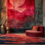 This vibrant Ethereal Mist Hand Tufted Rug showcases an abstract design with rich red and orange hues, perfect for adding a bold statement to any bedroom. As a large area rug, it complements the modern decor with its luxurious wool texture, making it an ideal choice for bedroom area rugs or rugs for bedroom spaces.