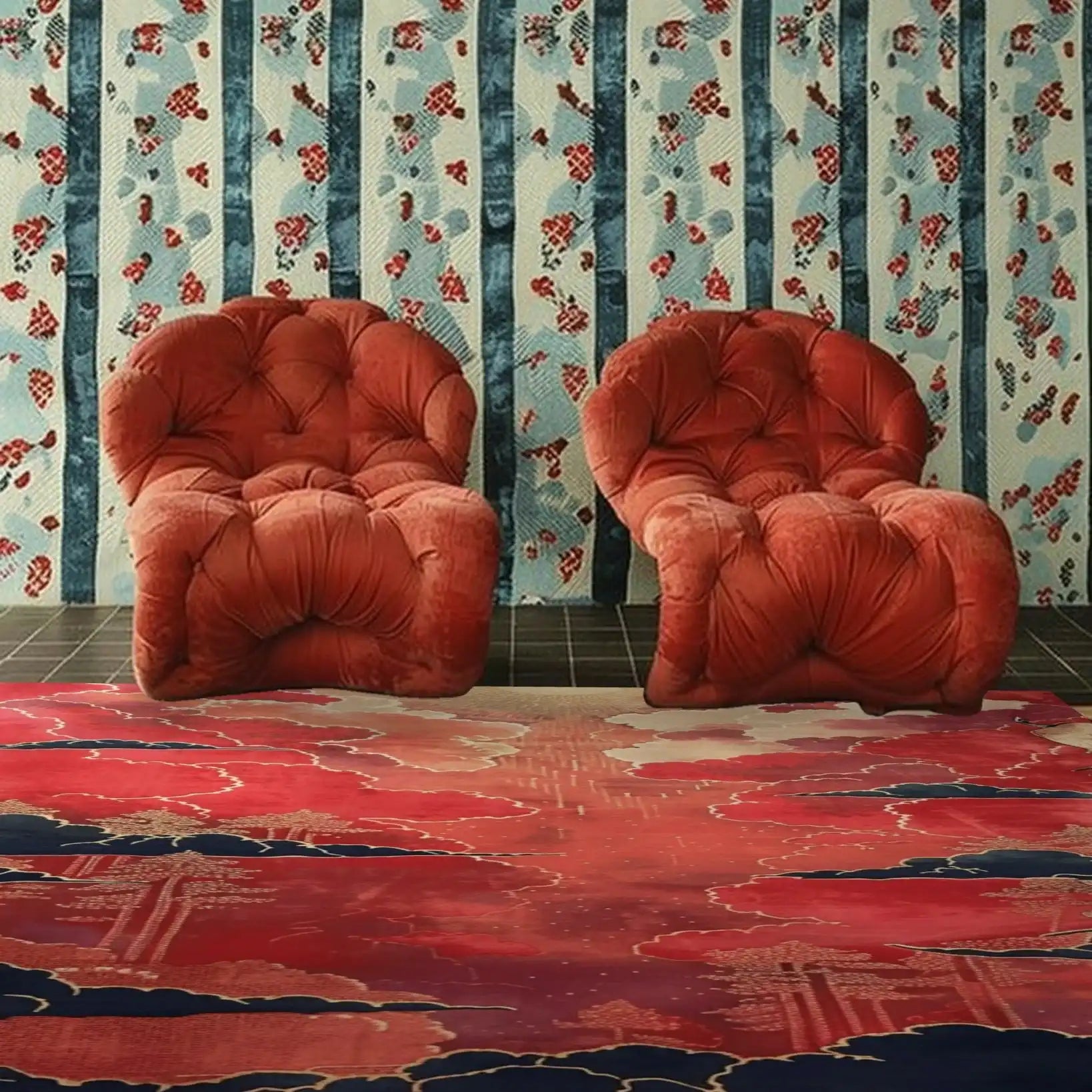 Ethereal Mist Hand Tufted Area Rug displayed in a cozy bedroom setting, featuring vibrant red and blue abstract patterns. This large area rug beautifully complements the plush red chairs, adding warmth and elegance to the bedroom. Ideal for those seeking stylish bedroom area rugs made from quality wool.