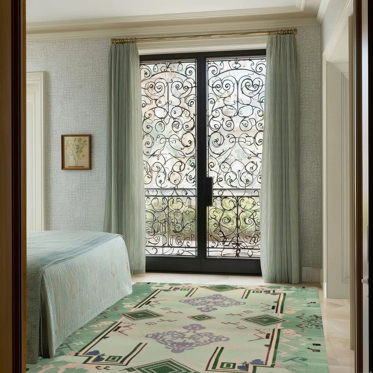 Ethereal Verde Hand Tufted Area Rug in a living room setting, featuring a wool rug with intricate patterns and a soothing green palette. The large living room rug complements the elegant decor, positioned near a decorative window with light curtains.