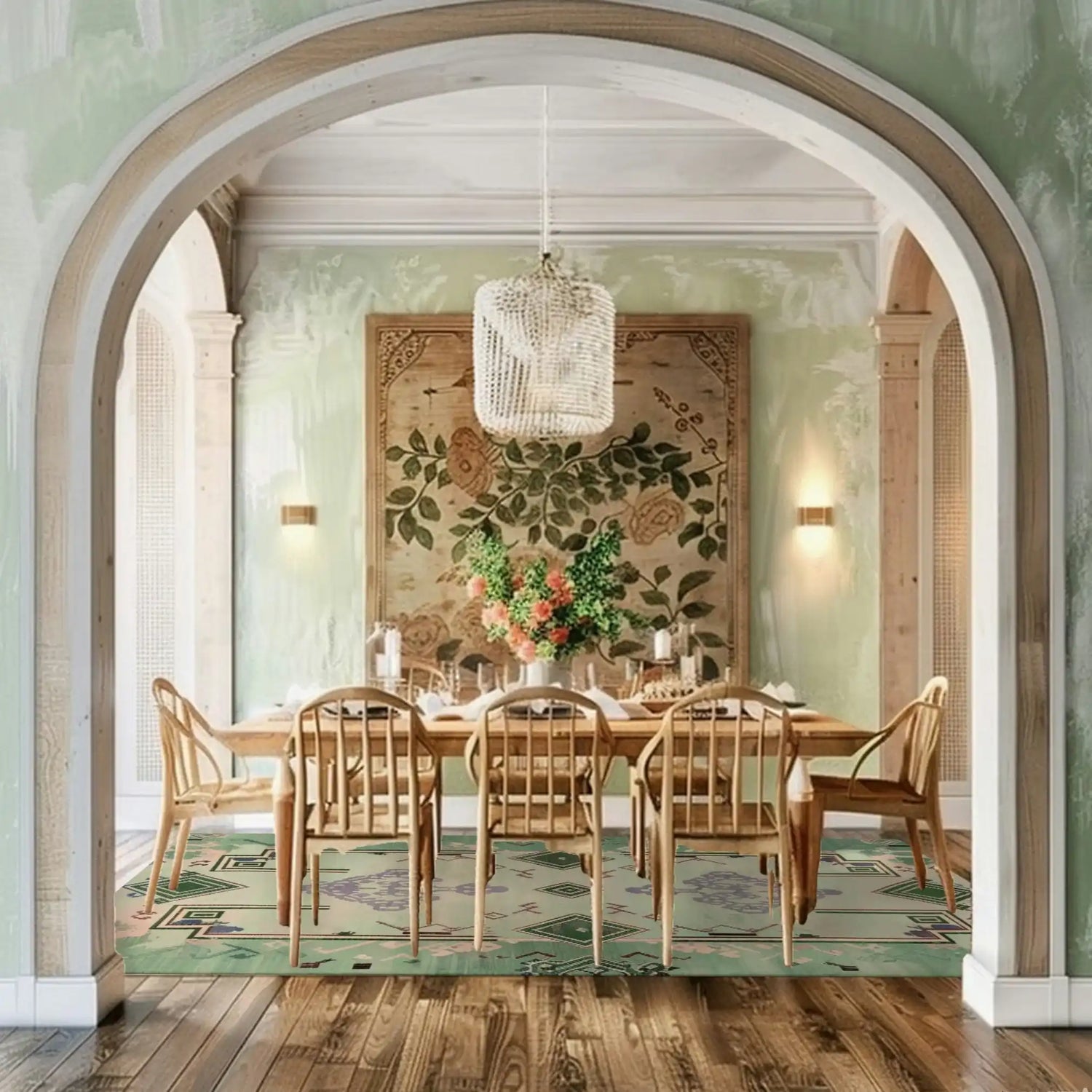 Elegant living room featuring an Ethereal Verde Hand Tufted Rug, showcasing a stylish wool design. This large area rug perfectly complements the wooden dining set and floral wall art, creating a warm and inviting atmosphere ideal for any living room.