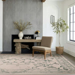 Chic living room featuring the Ethereal Vine Hand Tufted Area Rug. The vintage rug adds a touch of elegance with its intricate vine patterns, complementing the cozy wool texture. Ideal for area rugs in living rooms, this piece enhances the serene ambiance of the space.