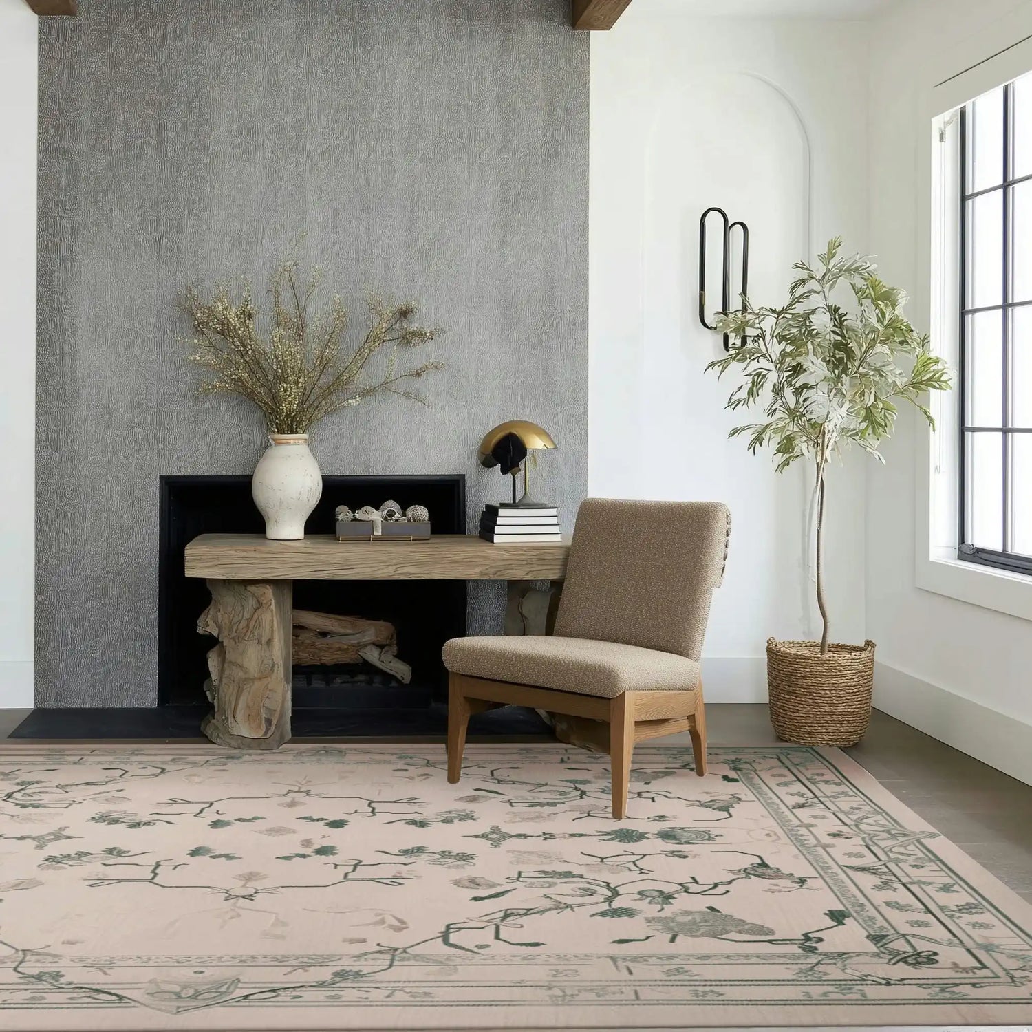Chic living room featuring the Ethereal Vine Hand Tufted Area Rug. The vintage rug adds a touch of elegance with its intricate vine patterns, complementing the cozy wool texture. Ideal for area rugs in living rooms, this piece enhances the serene ambiance of the space.