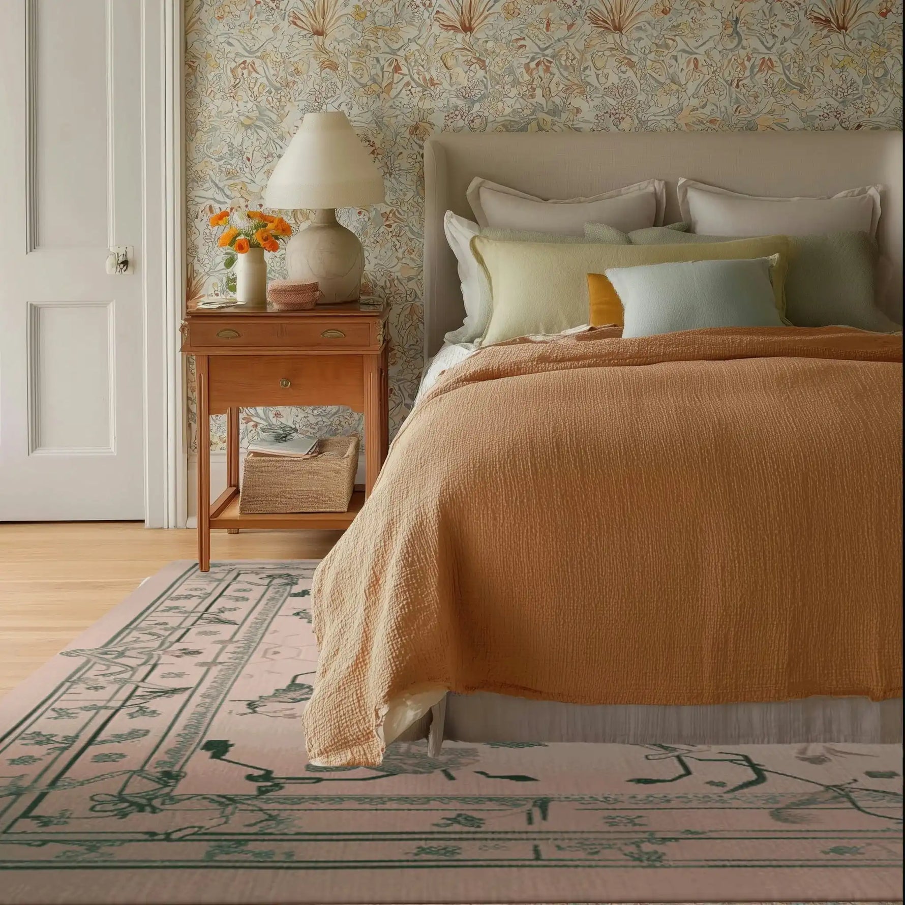 A cozy bedroom scene featuring the Ethereal Vine Hand Tufted Rug, an elegant area rug with vintage charm. This wool rug adds a touch of sophistication to the living room decor, perfectly complementing the warm, inviting tones of the bedding and wallpaper.