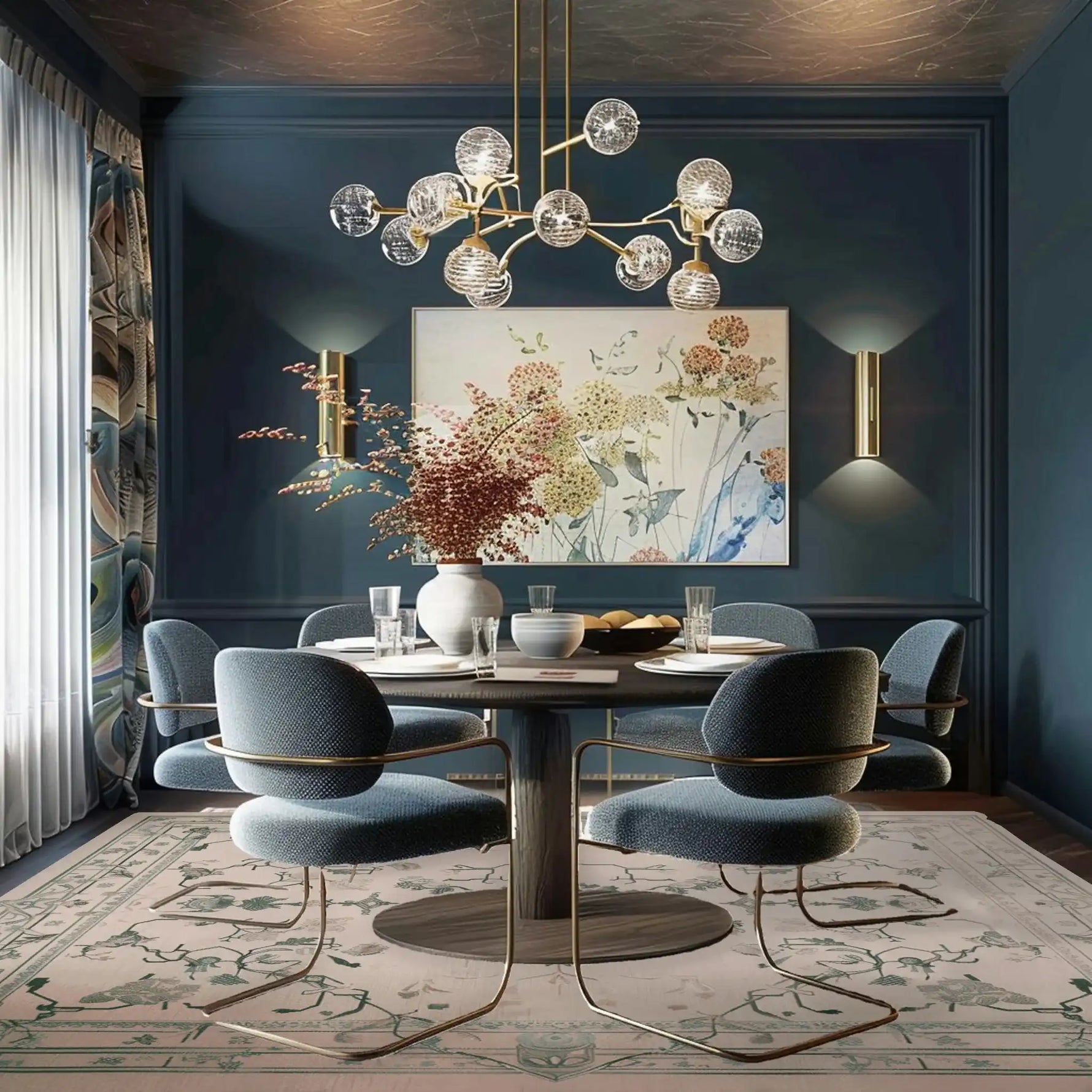 Ethereal Vine Hand Tufted Rug displayed in a modern dining room setting. The elegant area rug features a vintage design with intricate patterns, perfectly complementing the stylish decor. This wool rug adds a touch of sophistication to any living room space.