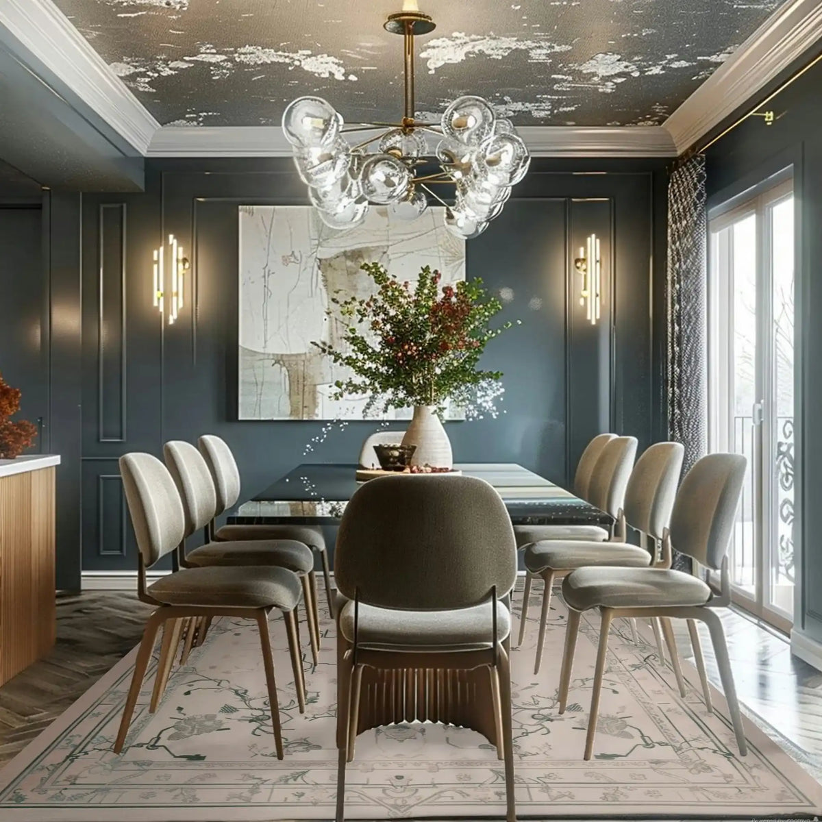 Elegant dining room featuring an Ethereal Vine Hand Tufted Area Rug under a modern table and chairs. This vintage rug, perfect for area rugs in living rooms, showcases intricate designs on a soft wool surface, enhancing the ambiance with its classic charm.