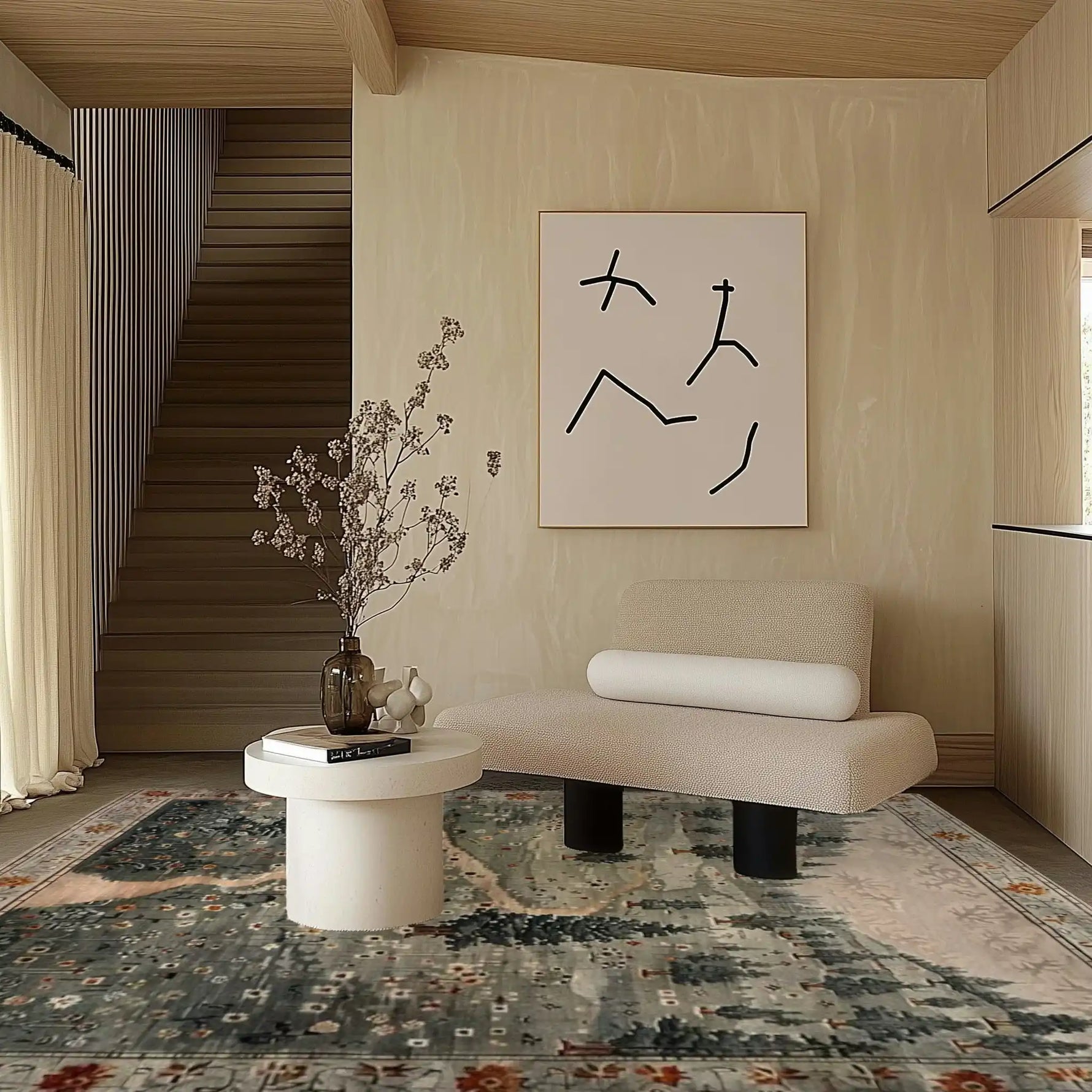 Stylish living room featuring the Evergreen Elegance Hand Tufted Area Rug. This wool rug adds a touch of sophistication with its intricate patterns, perfect for enhancing any living room or bedroom decor.