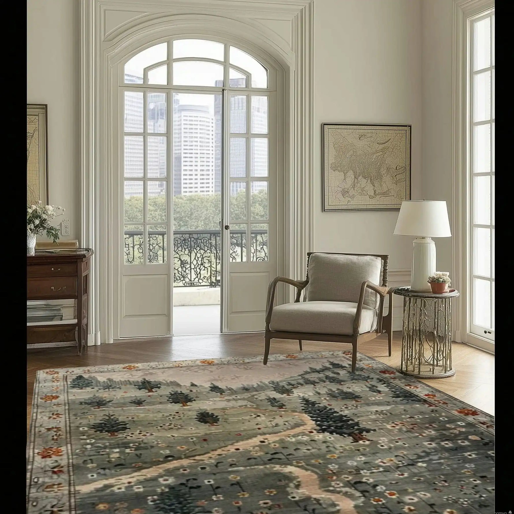 A beautifully styled living room featuring an Evergreen Elegance Hand Tufted Area Rug. The wool rug showcases a scenic design with trees and paths, adding a touch of nature to the space. Positioned near a large window with city views, the rug complements the modern furnishings, making it perfect for both living rooms and bedrooms.