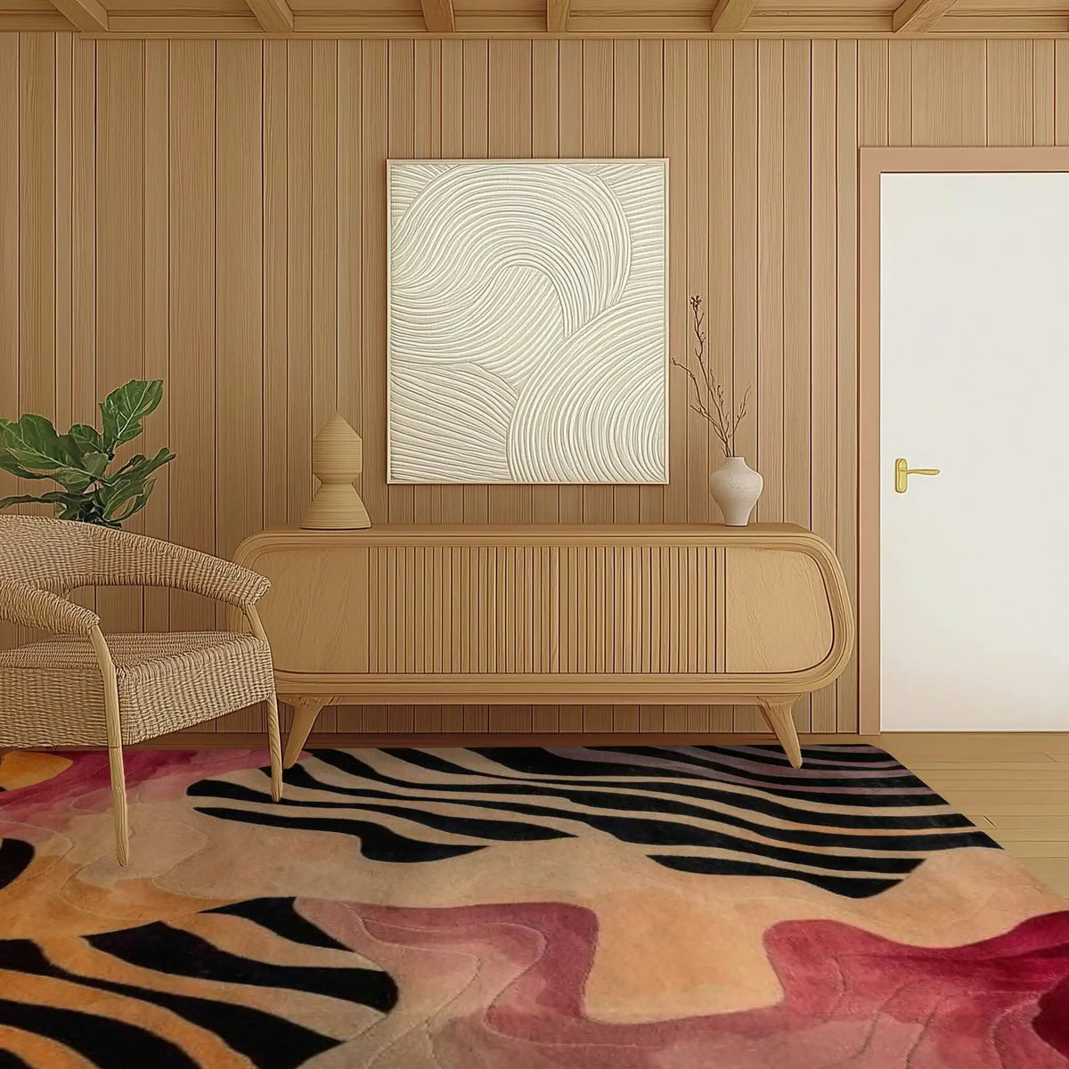 A stylish living room featuring the Evolving Forms Hand Tufted Viscose Area Rug. This large wool rug, measuring 8x10, showcases an abstract design with black, pink, and orange patterns. The rug adds a touch of elegance and warmth to the room, complementing the wooden furniture and decor.