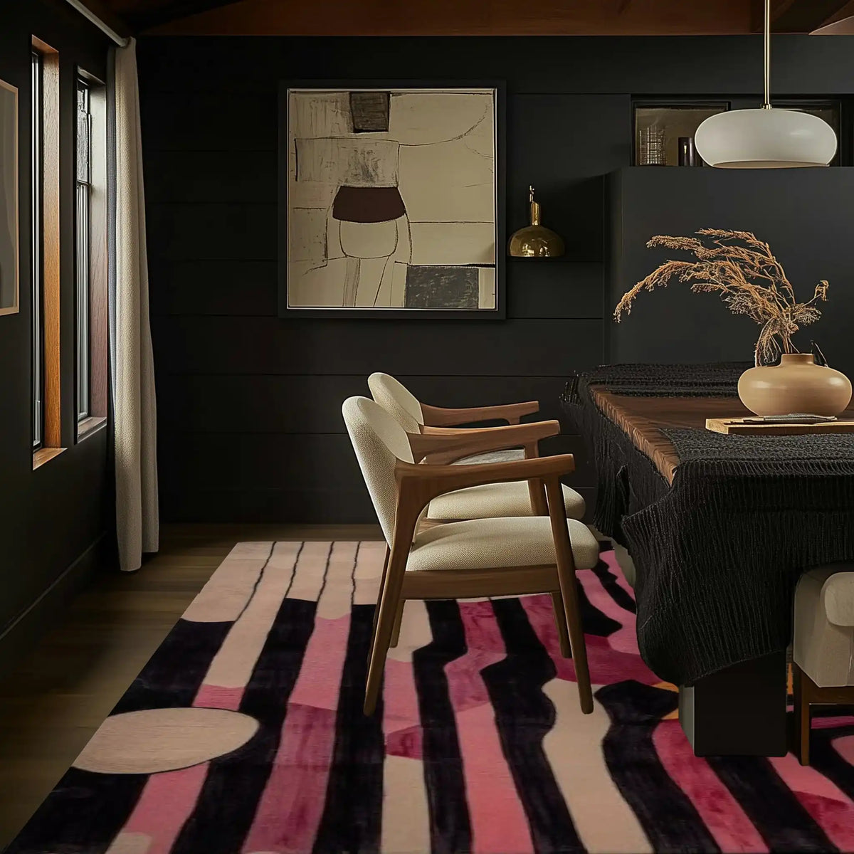 Modern dining room featuring the Evolving Shapes Hand Tufted Area Rug with abstract patterns in pink and black hues, adding sophistication to a cozy setting. Ideal for living room and dining room rugs, this wool rug enhances the formal dining room decor.