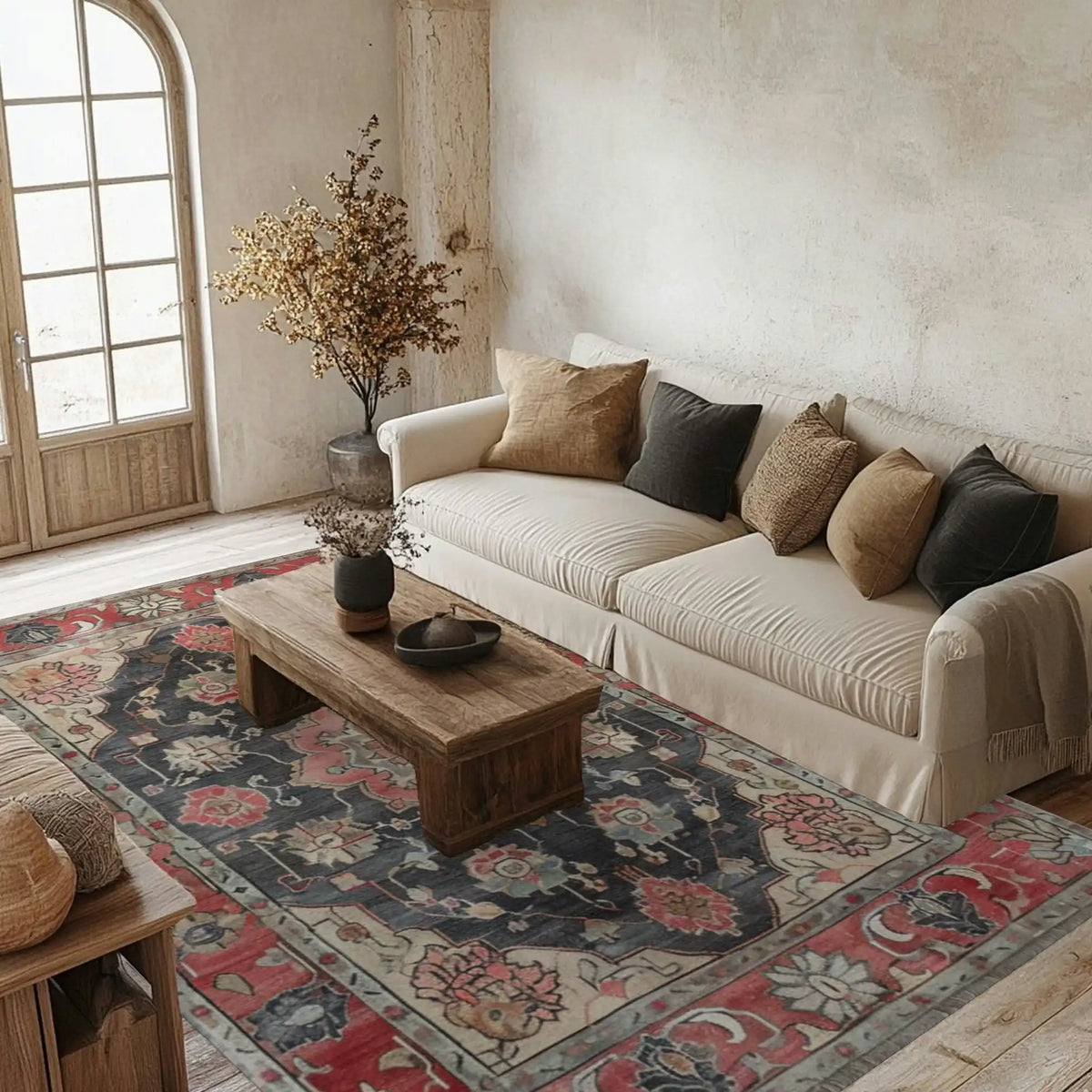 Cozy living room featuring a Faded Elegance Hand Tufted Wool Rug. This exquisite area rug, perfect for large living rooms, showcases intricate Persian patterns in soft red and blue hues. The wool rug adds warmth and elegance to the rustic decor, complemented by a cream sofa, wooden coffee table, and decorative plants.