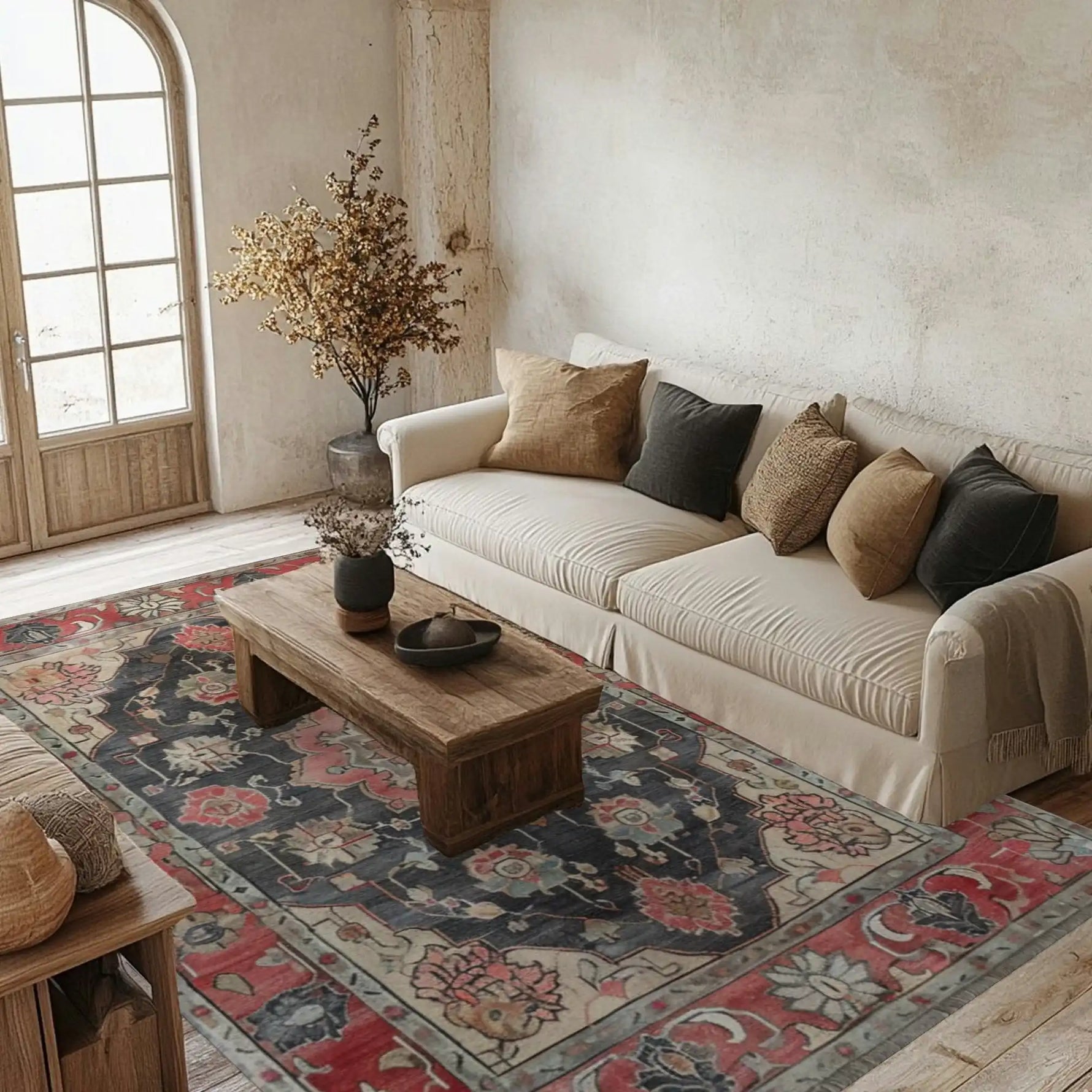 Cozy living room featuring a Faded Elegance Hand Tufted Wool Rug. This exquisite area rug, perfect for large living rooms, showcases intricate Persian patterns in soft red and blue hues. The wool rug adds warmth and elegance to the rustic decor, complemented by a cream sofa, wooden coffee table, and decorative plants.