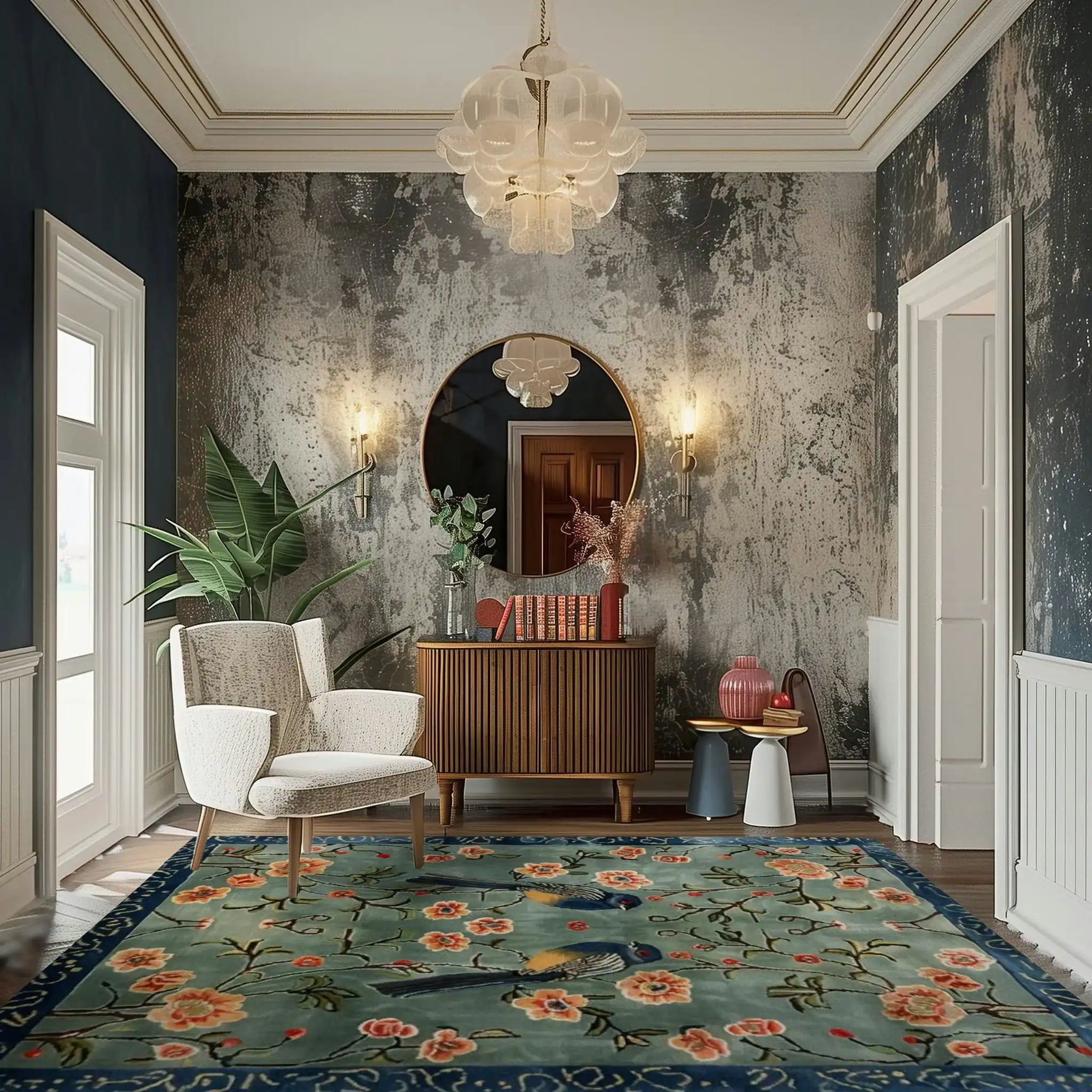 A beautifully decorated living room featuring the Feathered Melody Hand-Tufted Rug, showcasing a vibrant floral design. This area rug is perfect for large living rooms or dining rooms, adding elegance and warmth with its wool construction.