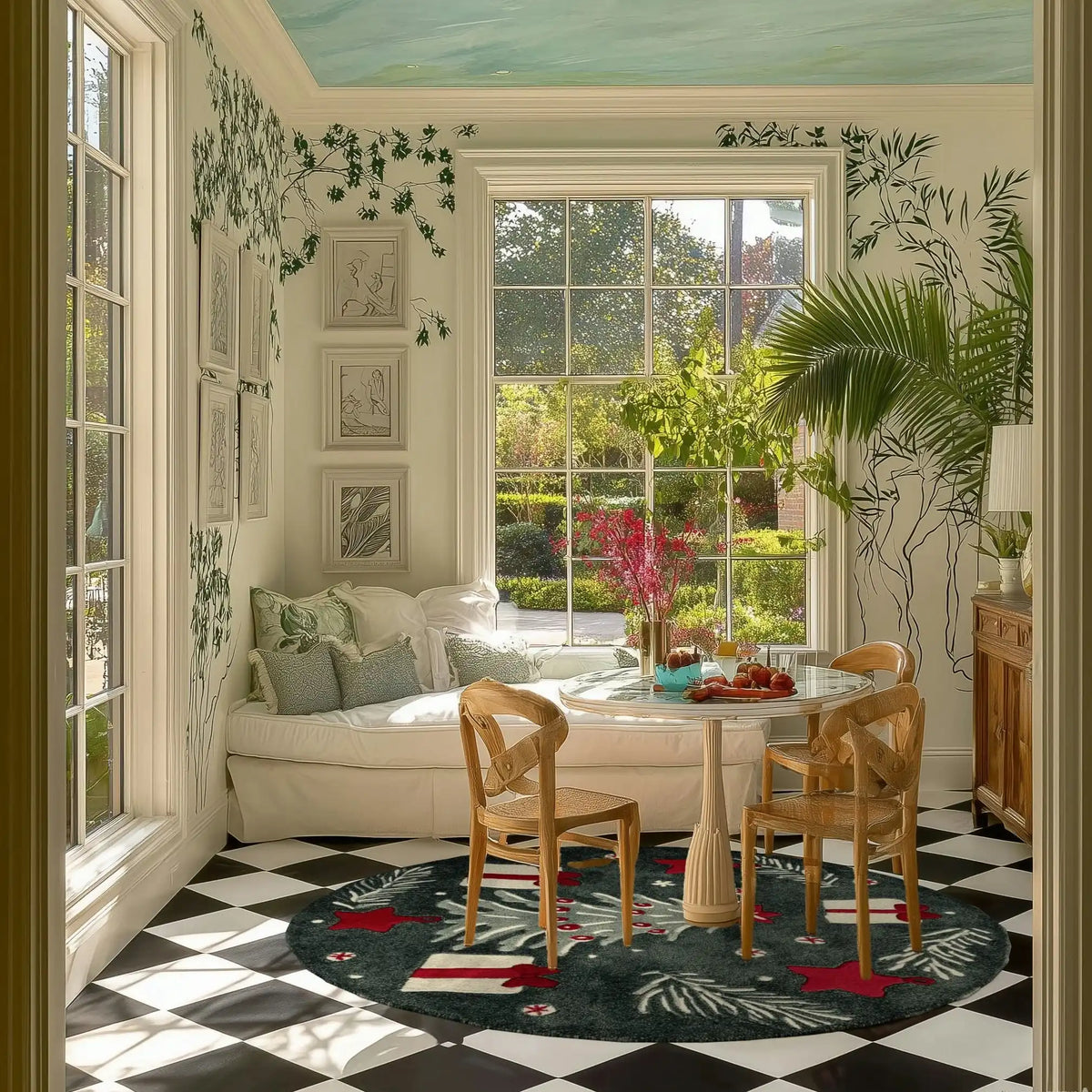 A beautifully designed living room area featuring a Festive Whimsy Round Hand Tufted Rug. This elegant area rug adds a touch of charm with its intricate patterns and vibrant colors. The wool rug perfectly complements the modern decor, making it an ideal choice for rugs for living room. The round rug is placed under a cozy dining setup, enhancing the space with its unique design.