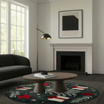 A stylish living room featuring a festive whimsy round hand tufted area rug with holiday-themed designs. The wool rug adds a playful touch to the modern space, complementing the dark sofa and wooden coffee table. Perfect for those seeking unique rugs for living room decor.