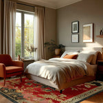 A cozy bedroom featuring a vibrant Flame Blossom Hand Tufted Wool Rug. This large area rug, perfect for the living room, showcases intricate floral patterns in warm hues, enhancing the room's inviting ambiance.