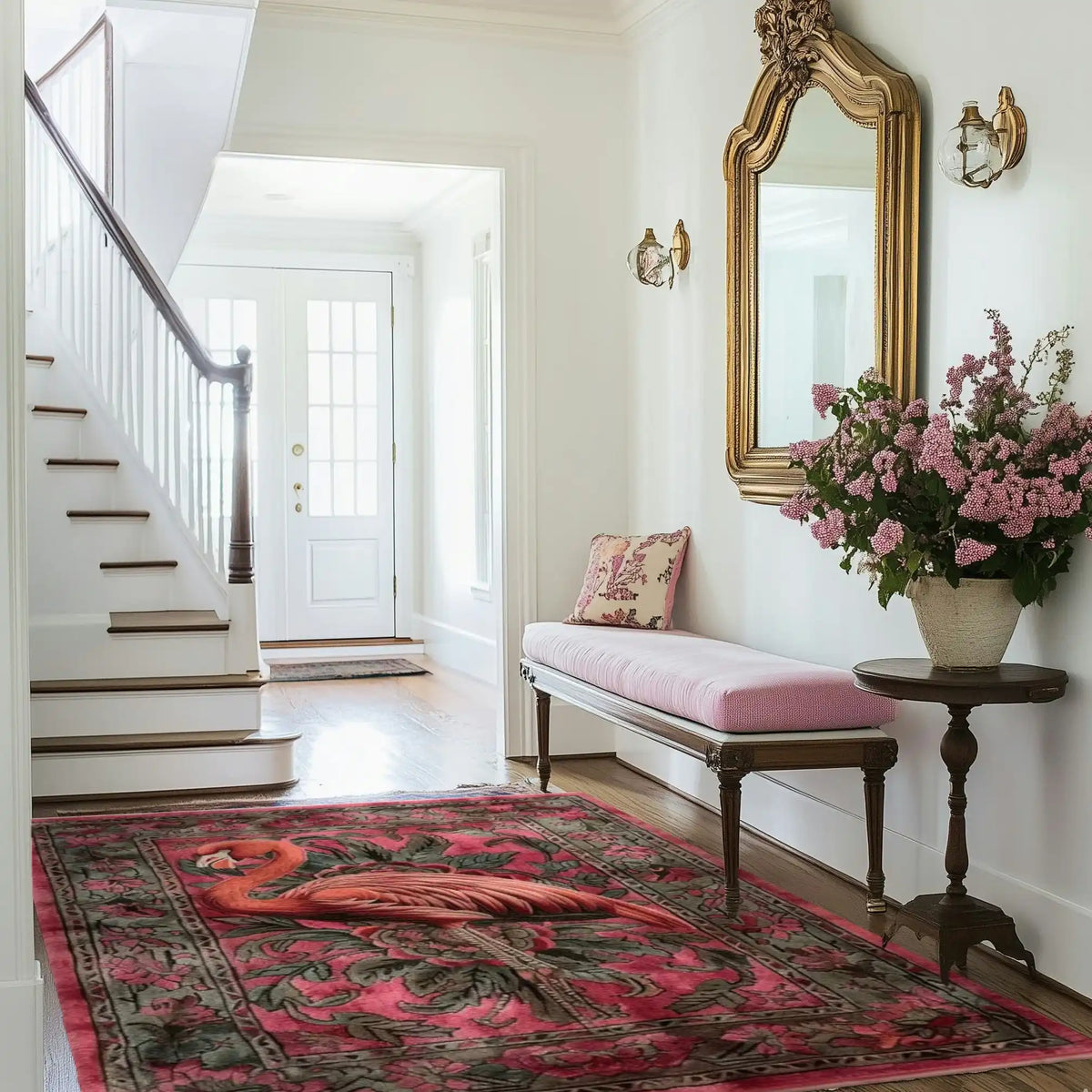 A beautifully styled hallway featuring the Flamingo Fantasy Hand Tufted Rug. This vibrant area rug, perfect for living rooms or offices, showcases an elegant flamingo design in rich pink and green tones, adding a touch of sophistication to any space. Ideal for those seeking living room rugs 8x10 or wool rugs for an office setting.