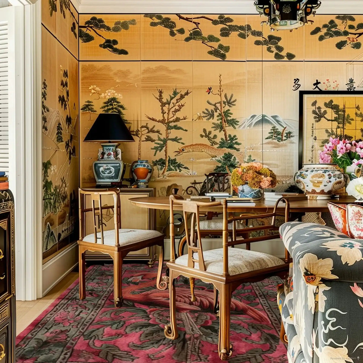 A beautifully styled living room featuring the Flamingo Fantasy Hand Tufted Area Rug. The vibrant wool rug, perfect for office or living room settings, adds a splash of color with its intricate patterns. This 8x10 area rug complements the traditional decor, enhancing the room's elegance.