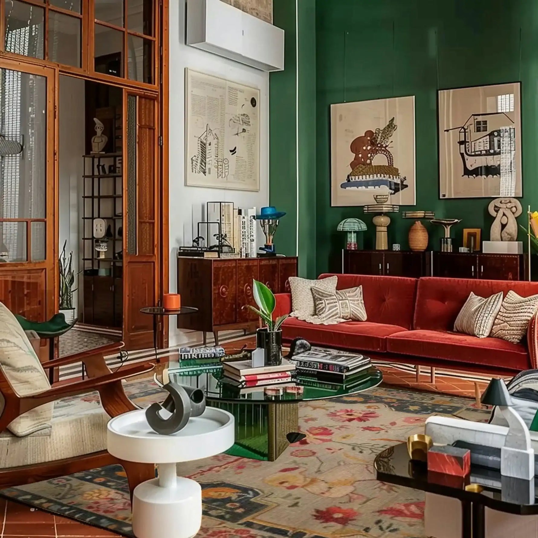 Living room with red sofa, wooden armchair, persian beige rug, and decorative items on a green wall.