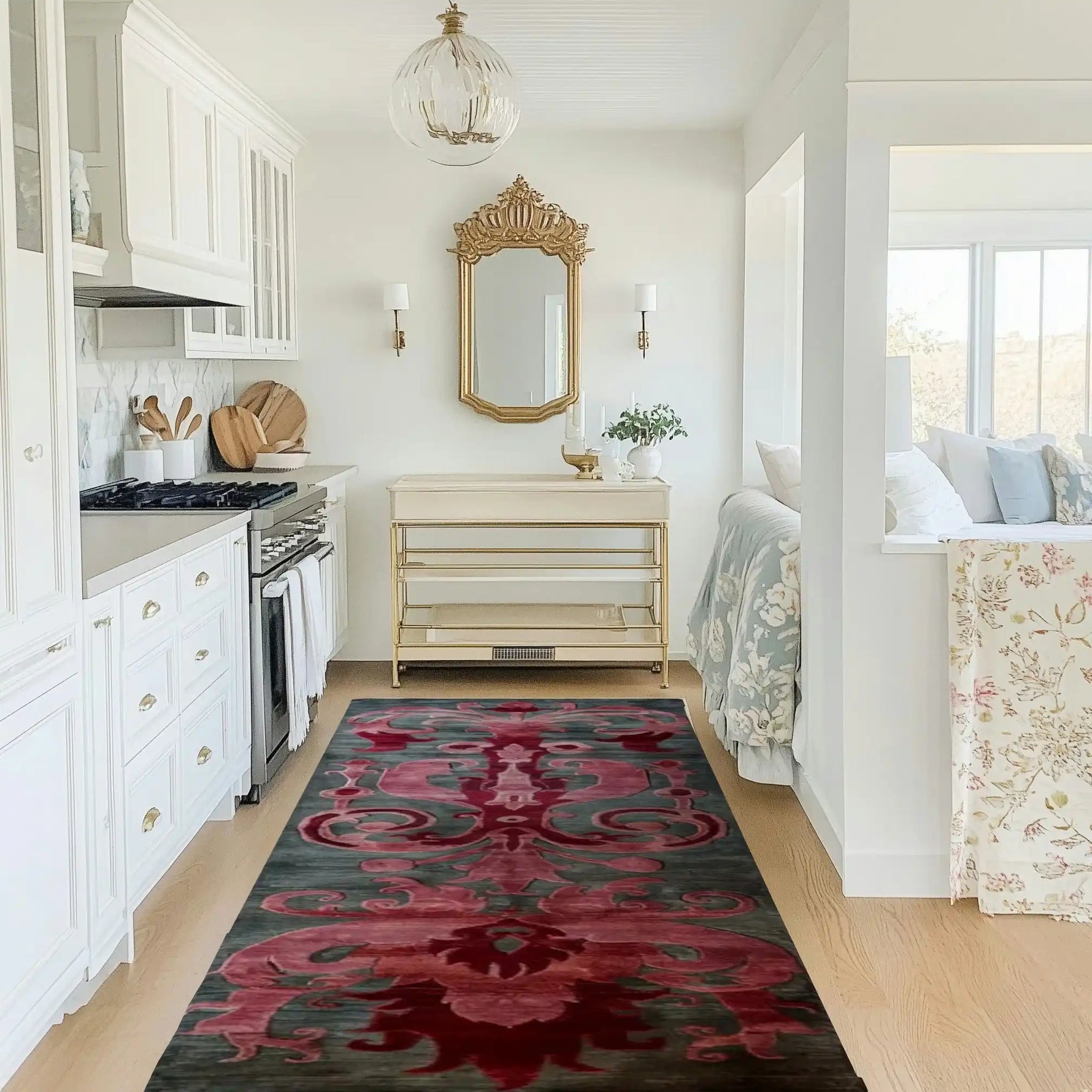 Stylish Floral Damask Hand Tufted Wool Runner Rug in a bright kitchen setting, perfect as a kitchen runner rug or hallway runner rug, adding elegance with its intricate design and rich colors, ideal for any living room or bathroom decor.