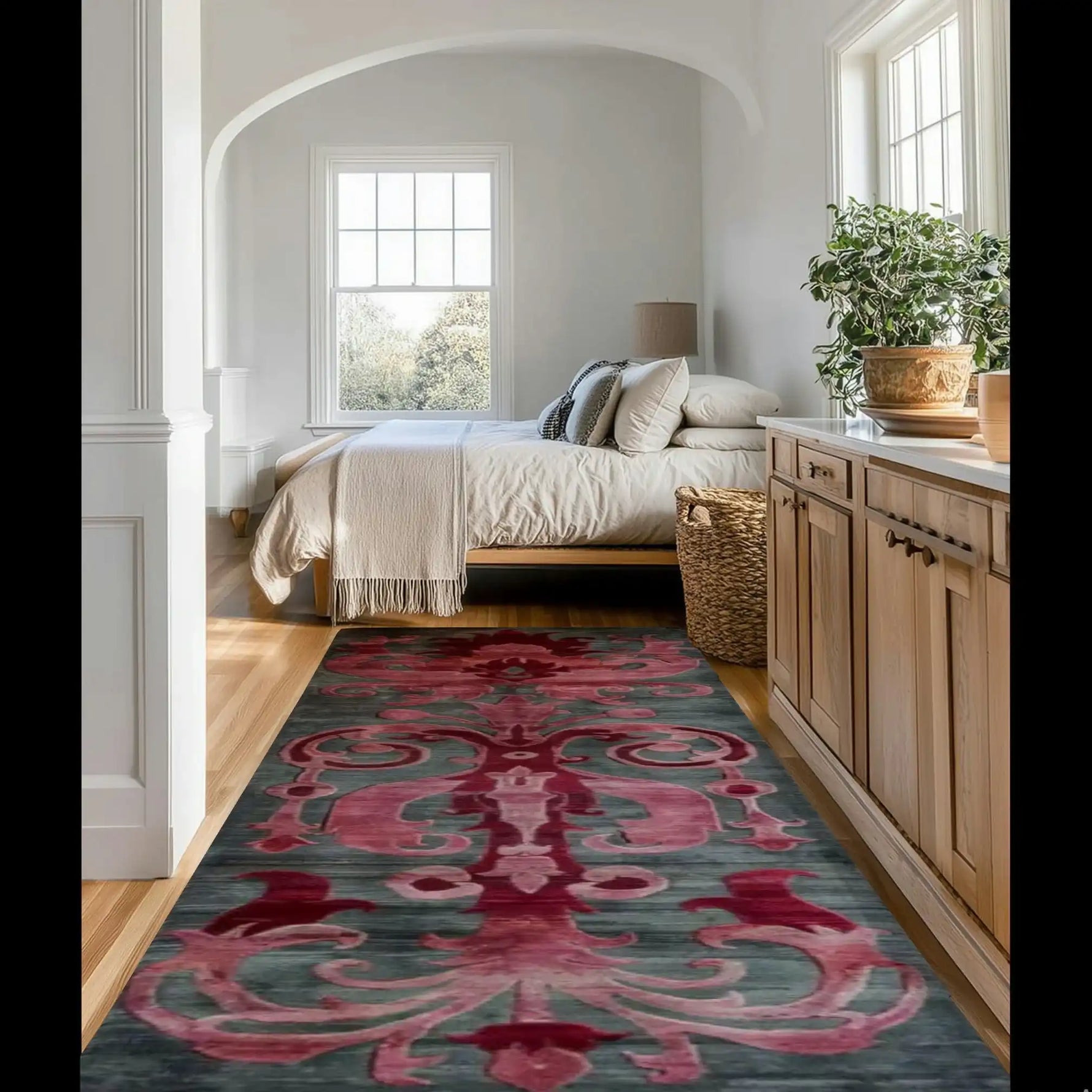 Elegant hallway featuring a Floral Damask Hand Tufted Wool Runner Rug with a vibrant pattern in shades of red and grey. The wool rug beautifully complements the light wooden floor, adding a touch of sophistication to the bedroom space. Ideal as a hallway runner rug or for use in various areas like kitchens and living rooms.