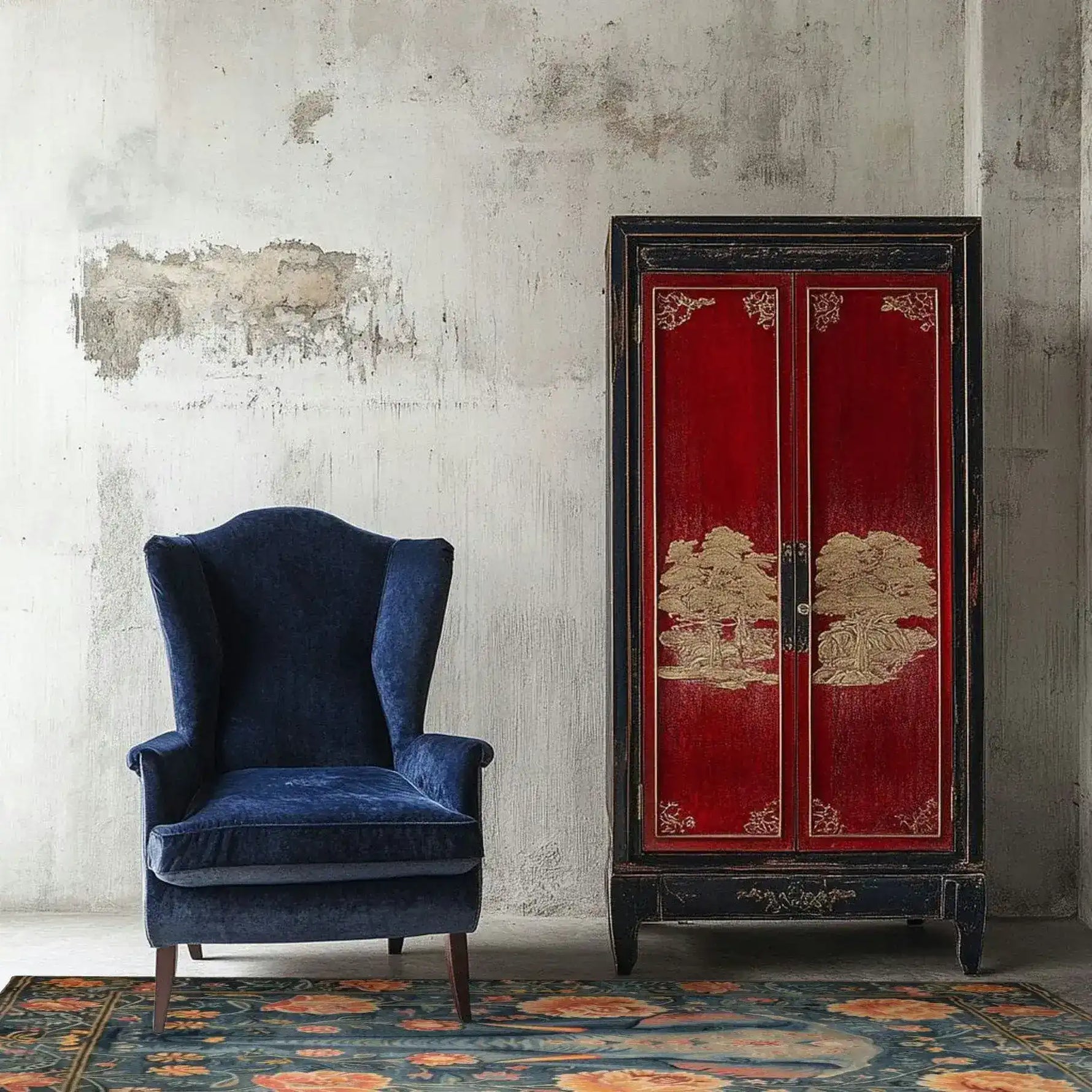 A beautifully designed Floral Elephant Wool Hand Knotted Area Rug is showcased in a stylish living room setting. The floral rug features vibrant colors and intricate patterns, perfect for adding a touch of elegance to any space. Positioned in front of a blue armchair and a vintage red cabinet, this Persian-inspired area rug enhances the room's aesthetic, making it an ideal choice for those seeking unique rugs for living room decor.