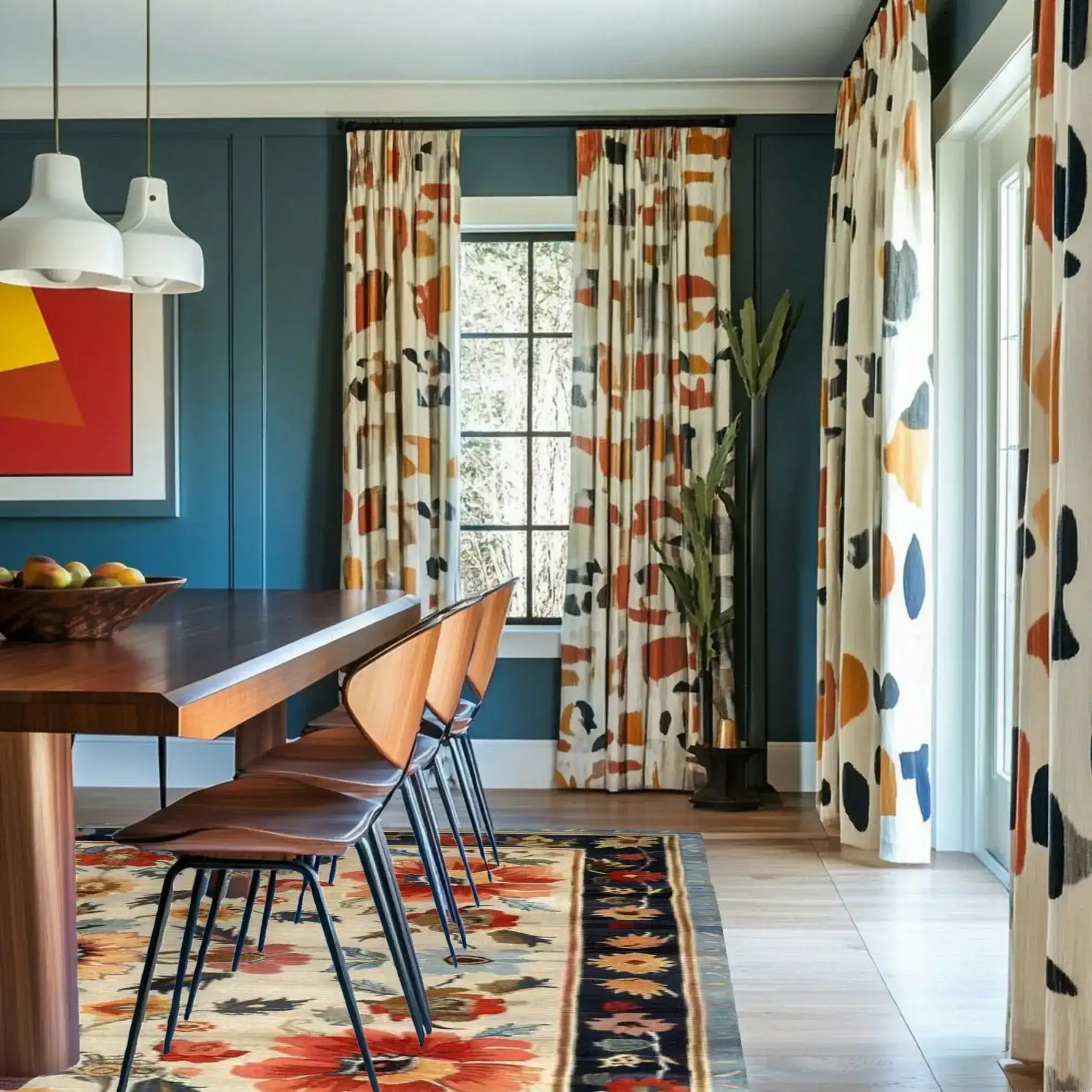 Floral Extravaganza Wool Hand Knotted Area Rug in a dining room setting. The vibrant floral rug complements the modern decor with its rich colors and intricate patterns, perfect for living room and dining room spaces. This Persian-inspired wool rug enhances the wooden dining table and chairs, framed by abstract-patterned curtains and contemporary wall art.