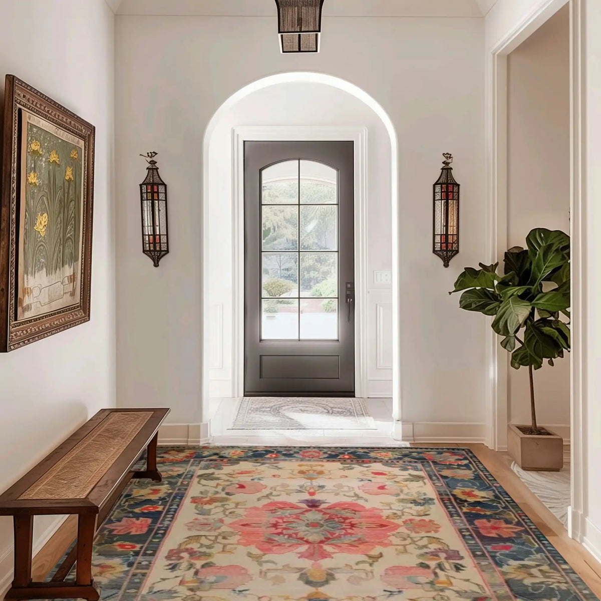 A beautifully designed Floral Fete Hand Knotted Area Rug in an elegant hallway setting, showcasing intricate floral patterns with vibrant colors. This vintage rug adds a touch of sophistication to the space, ideal for those seeking area rugs for living rooms or Persian rugs. The rug's detailed design complements the surrounding decor, making it perfect for a living room rug measuring 8x10.