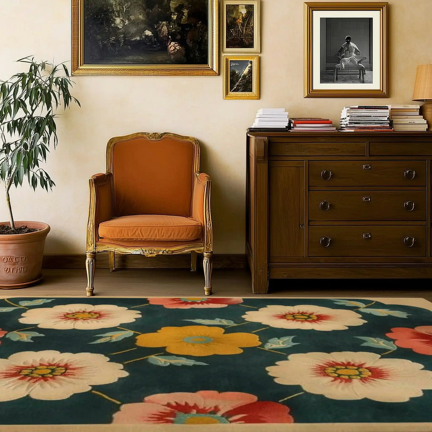 A vibrant Floral Frenzy Hand Tufted Wool Rug graces the floor of a cozy living room. The area rug features lively floral patterns in hues of yellow, red, and white, set against a dark blue backdrop. This contemporary rug complements the warm tones of an elegant orange chair and a classic wooden dresser, making it ideal for both bedrooms and living rooms. Perfect as a living room rug 8x10 or a stylish addition to bedroom decor, this wool rug adds a touch of elegance and charm.