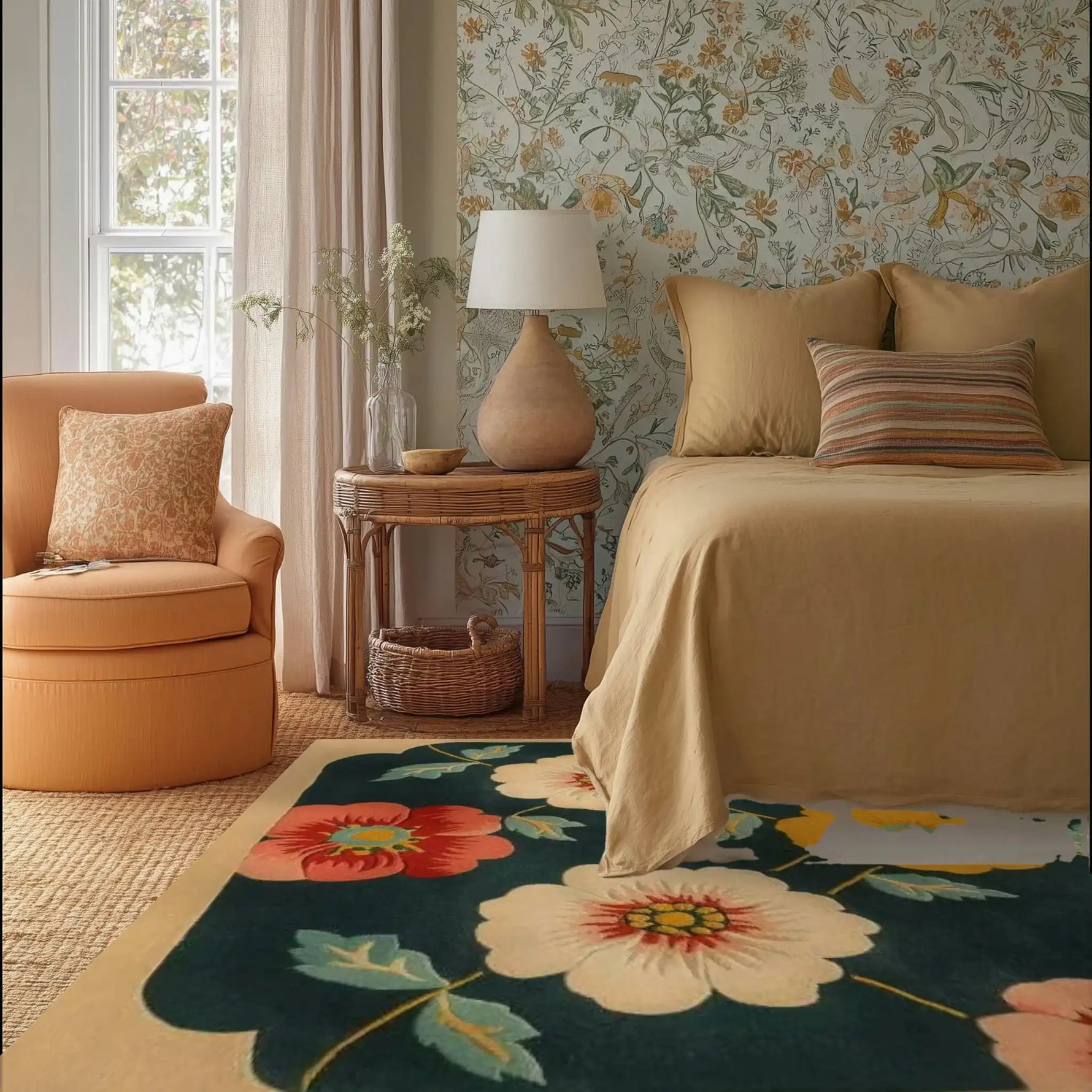 A cozy bedroom featuring a vibrant Floral Frenzy Hand Tufted Wool Rug. This area rug, perfect for contemporary settings, showcases bold floral patterns in rich colors. It's an ideal addition to both bedrooms and living rooms, especially in an 8x10 size. The warm tones of the room complement the elegant wool rug, making it a standout piece among rugs for bedroom and living room rugs.