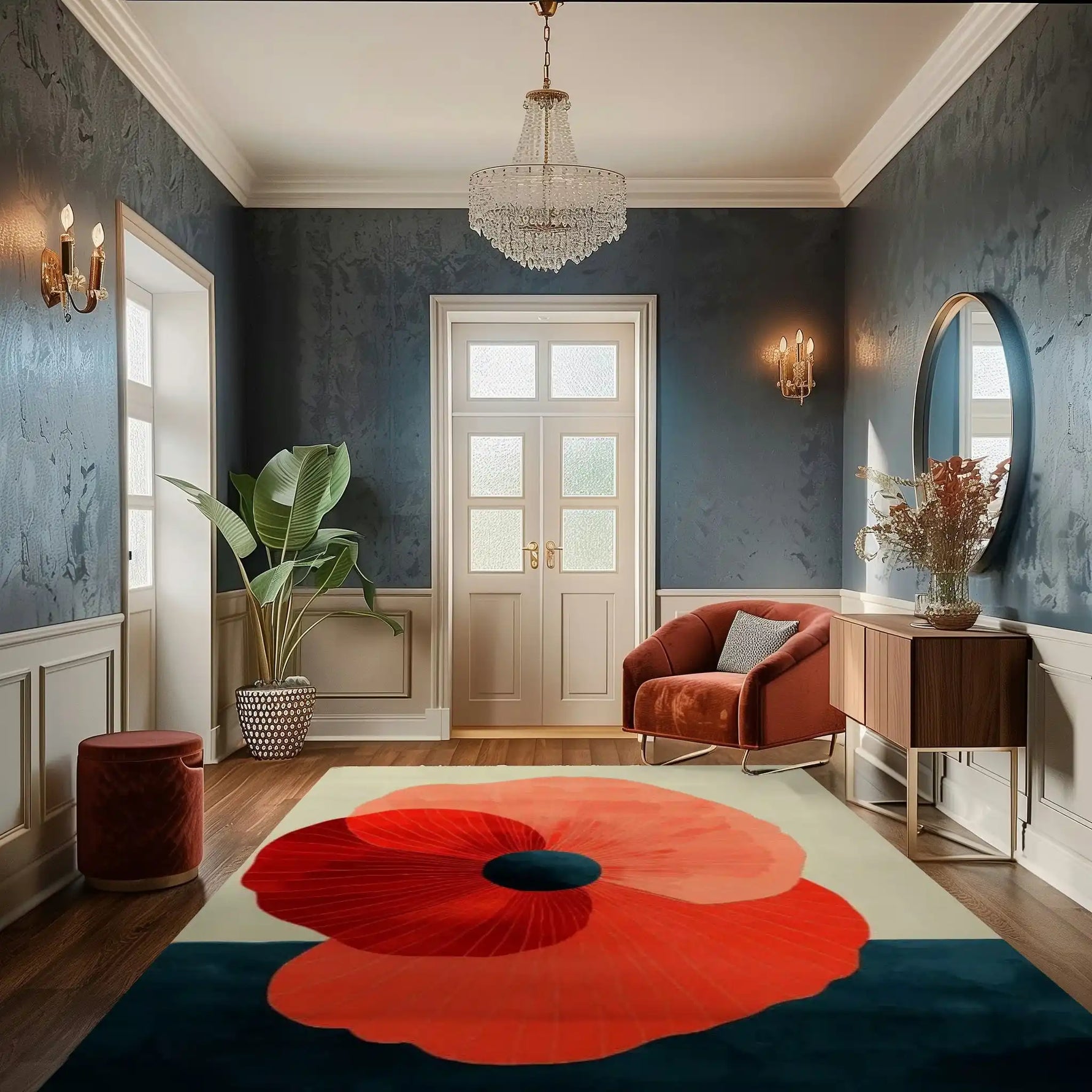 A beautifully decorated living room features a large, contemporary floral rug made of hand-tufted wool. The vibrant design of the area rug, featuring a bold red flower, adds a modern touch to the space. Perfect for large living rooms, this wool rug complements the elegant decor with its unique style, becoming a focal point in the room.