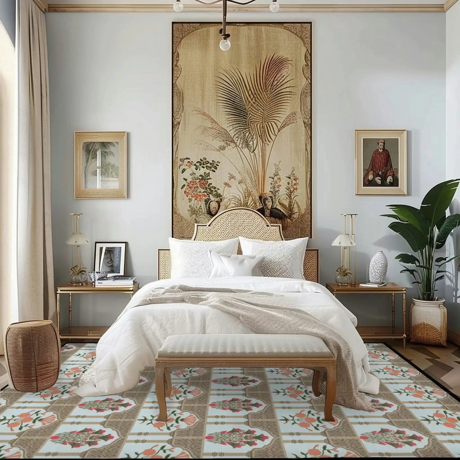 A cozy living room featuring a Floral Gates Hand Tufted Rug with a black border, perfectly accentuating the elegant space. This wool area rug enhances the aesthetic with its intricate floral patterns, making it an ideal choice for living room area rugs. The room is furnished with a stylish bed, wall art, and lush green plants, creating a harmonious and inviting atmosphere.