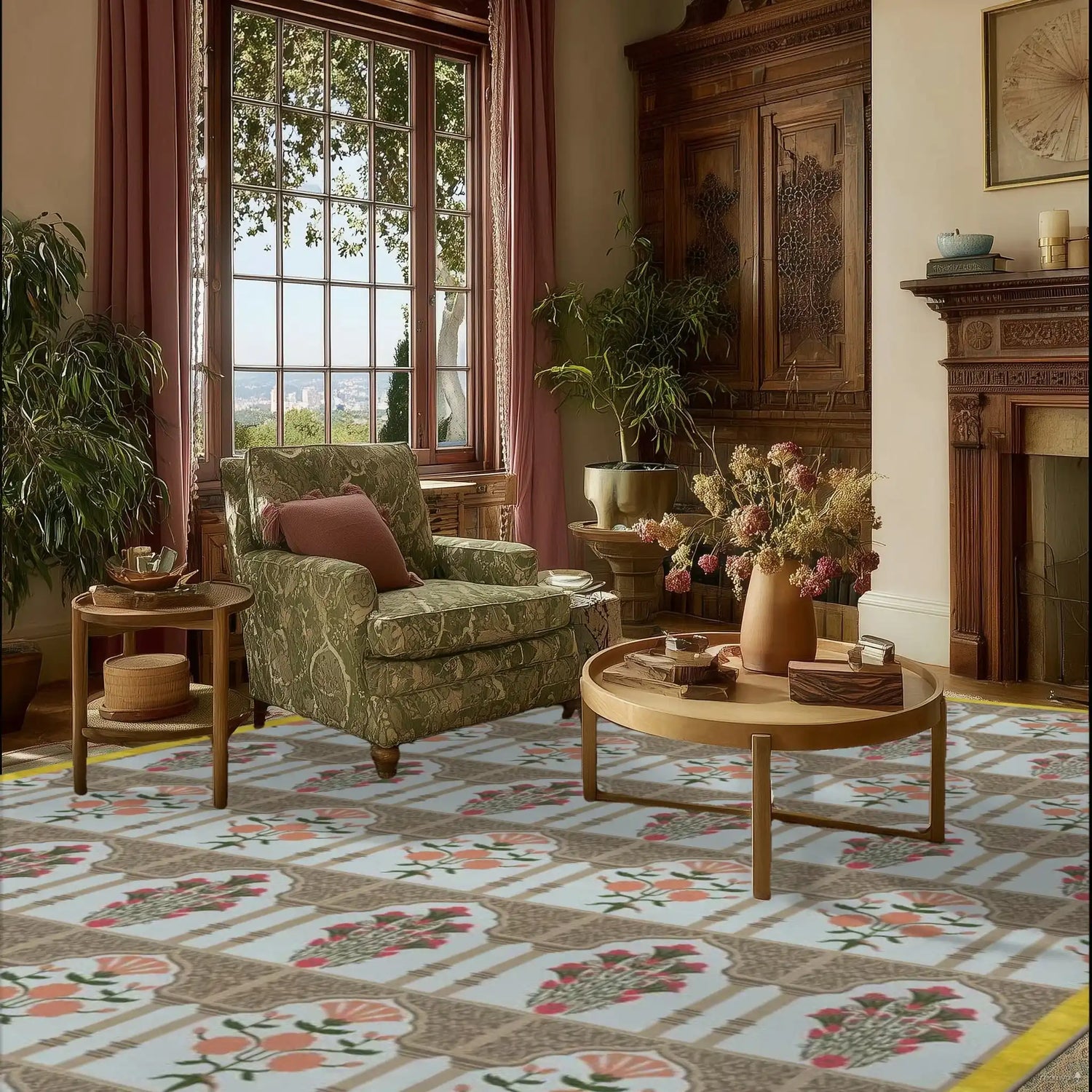 A cozy dining room featuring a stunning Floral Gates Hand Tufted Area Rug with a golden border. The intricate wool rug design adds warmth and elegance, making it perfect for dining room area rugs or bedroom decor. The room is complemented by a plush armchair, wooden furniture, and greenery, creating a welcoming atmosphere.