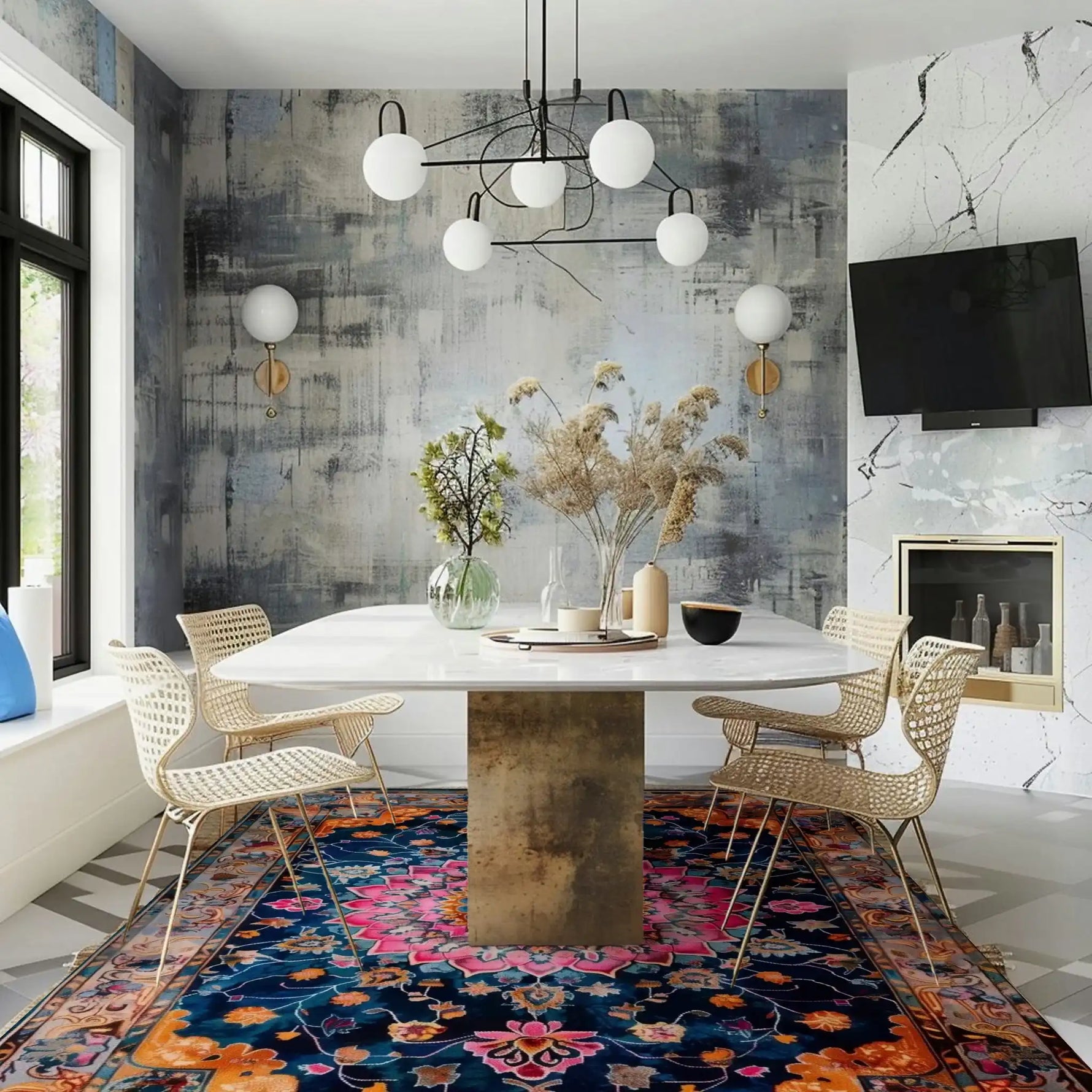 A stunning Floral Harmony Heritage Hand Tufted Area Rug graces a modern dining room. The vibrant floral rug, perfect for living rooms and dining rooms, showcases intricate patterns in bold colors, adding a boho touch to the contemporary decor. The wool rug complements the chic dining setup with woven chairs and a minimalist table, creating an elegant yet cozy atmosphere.