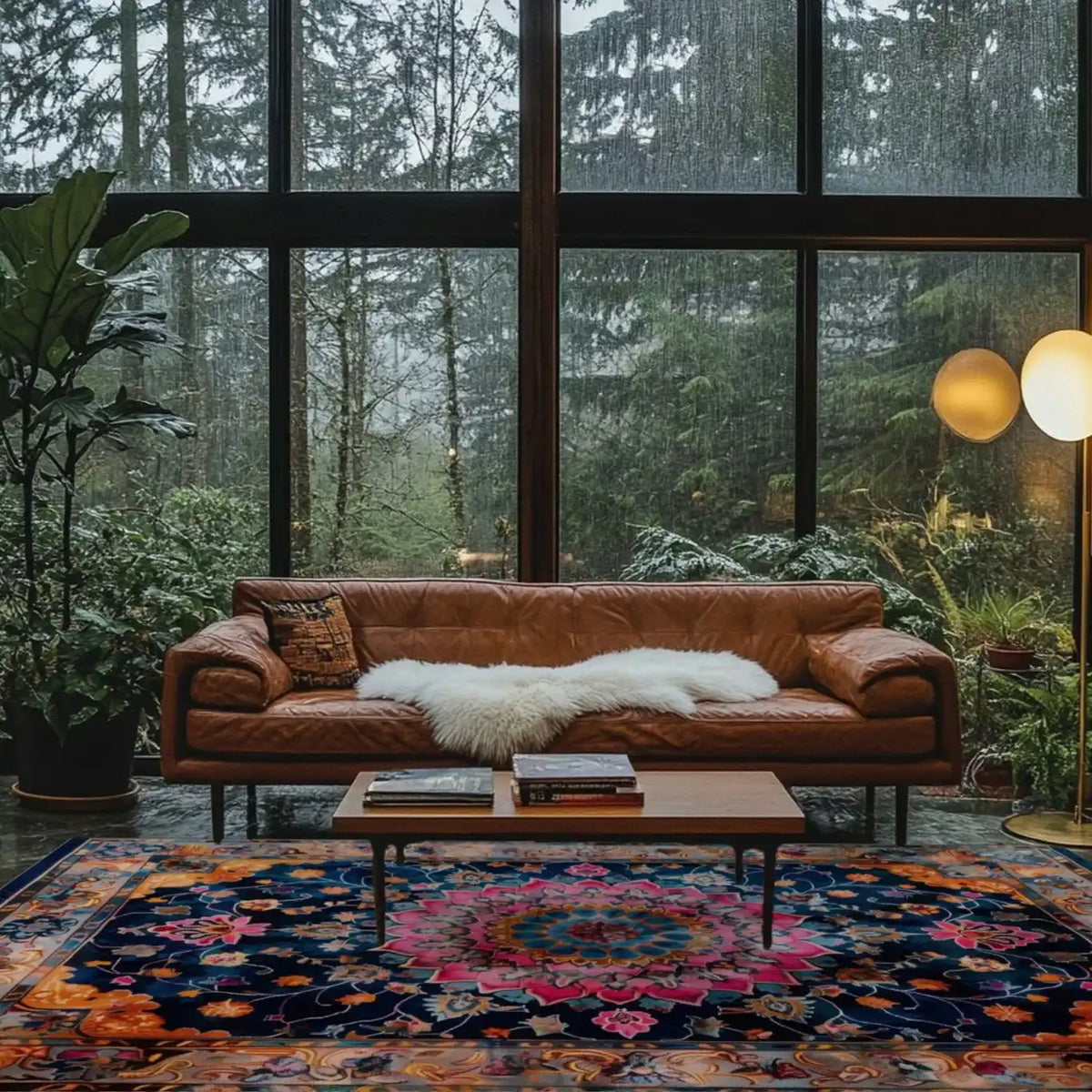 A beautifully designed Floral Harmony Heritage Hand Tufted Area Rug enhances the living room with its vibrant colors and intricate floral patterns. The wool rug adds a boho touch, perfect for both formal dining rooms and cozy living spaces. The image captures the rug in a stylish setting with a leather sofa, large windows, and lush greenery outside, creating an inviting atmosphere.