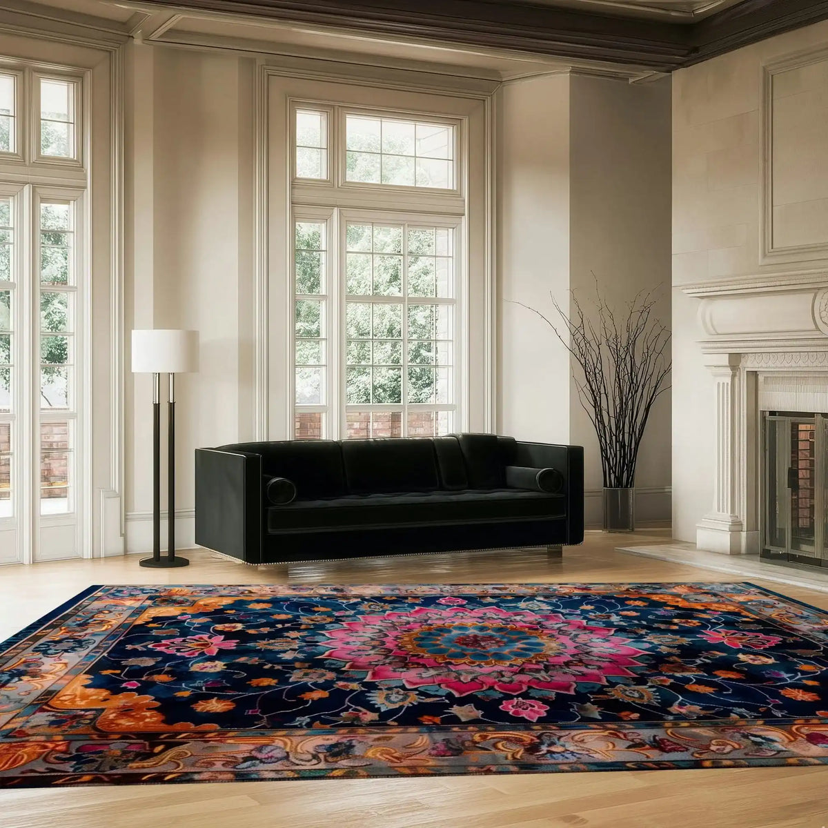 Elegant living room featuring a Floral Harmony Heritage Hand Tufted Area Rug. The vibrant floral design in rich colors beautifully enhances the space, making it ideal for both living rooms and formal dining rooms. The wool rug adds a touch of boho charm, perfectly complementing the luxurious decor and large windows.
